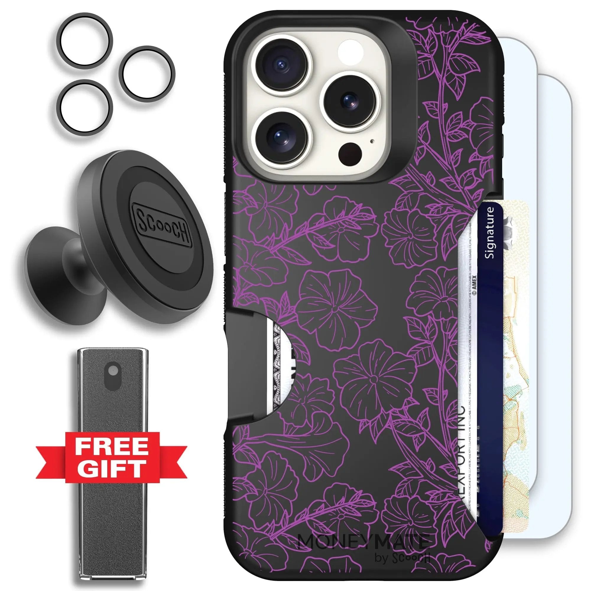 Scooch-Moneymate Defender Bundle for iPhone 16 Pro-Purple Petunias
