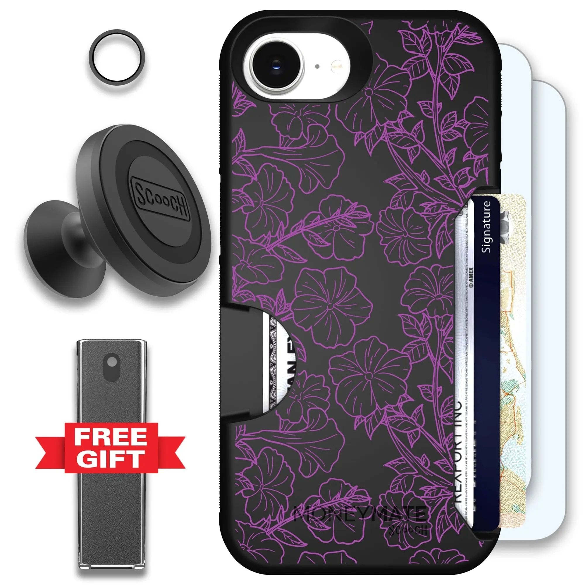 Scooch-Moneymate Defender Bundle for iPhone 17e-Purple Petunias