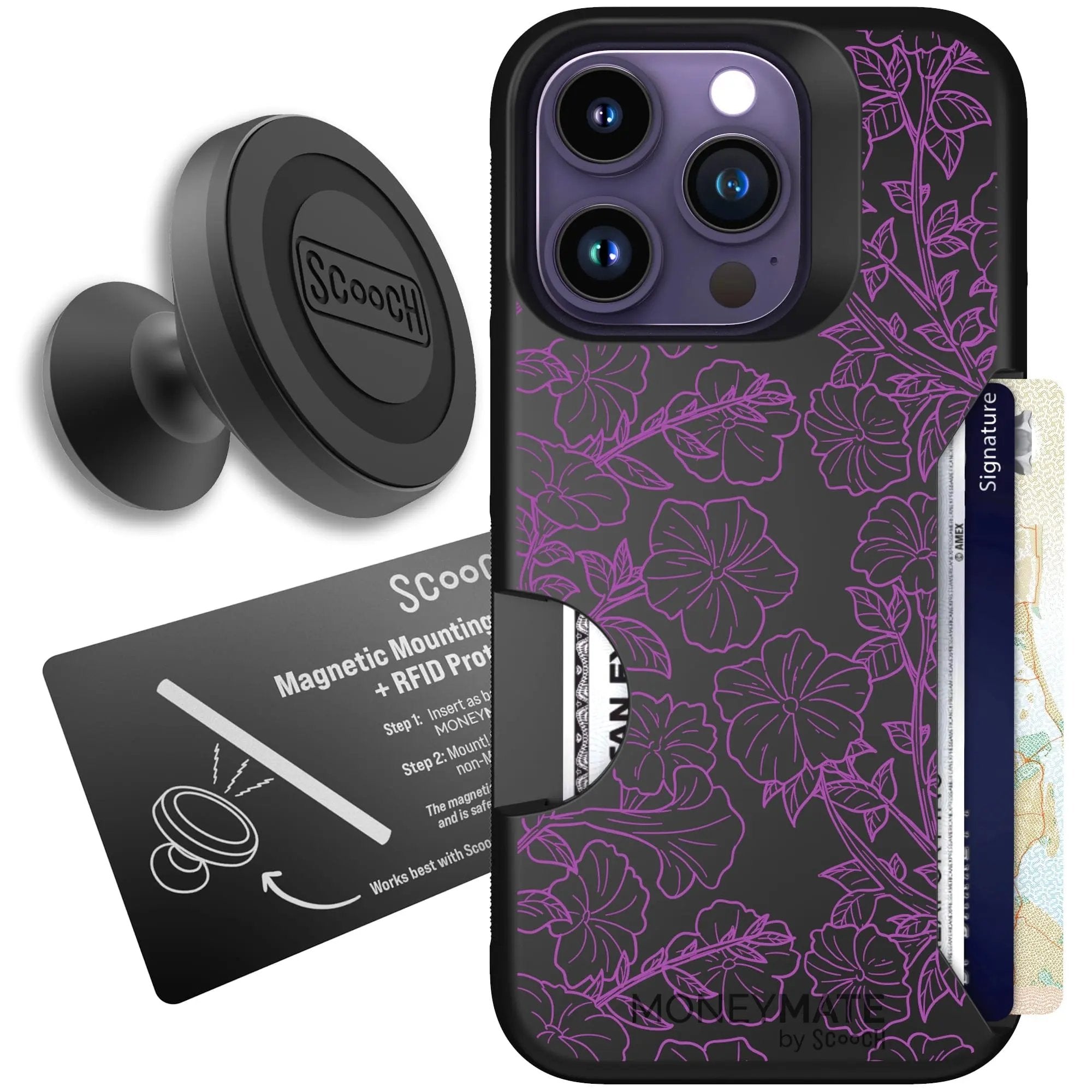 Scooch-Moneymate Starter Bundle for iPhone 14 Pro-Purple Petunias