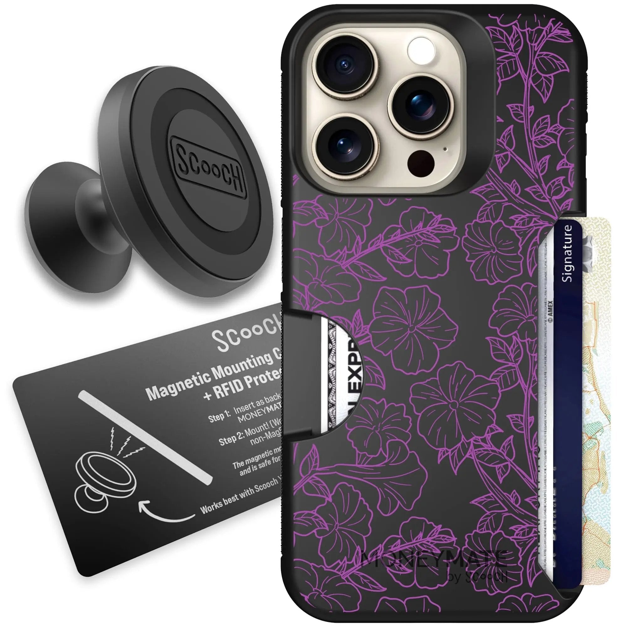 Scooch-Moneymate Starter Bundle for iPhone 15 Pro-Purple Petunias