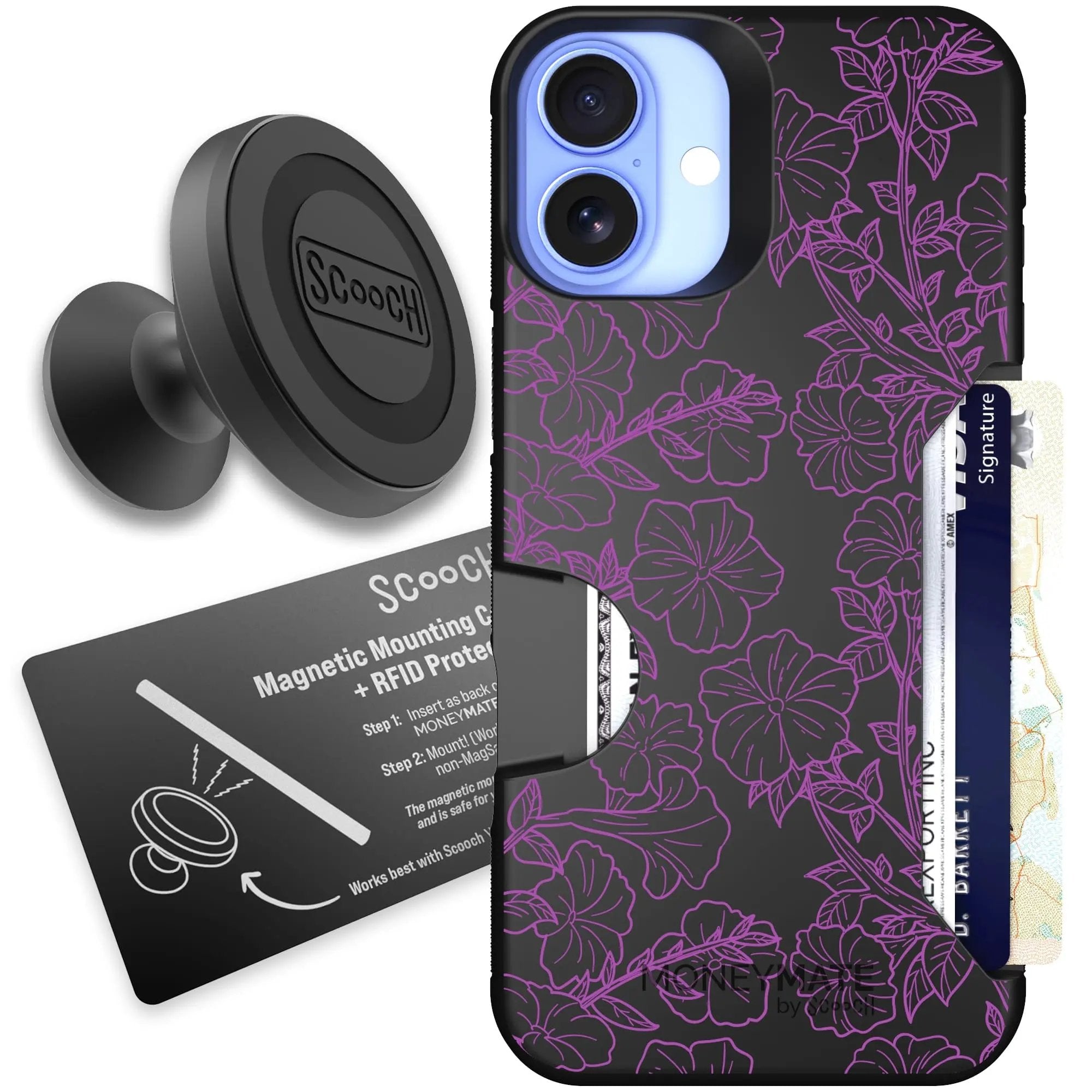 Scooch-Moneymate Starter Bundle for iPhone 16 Plus-Purple Petunias
