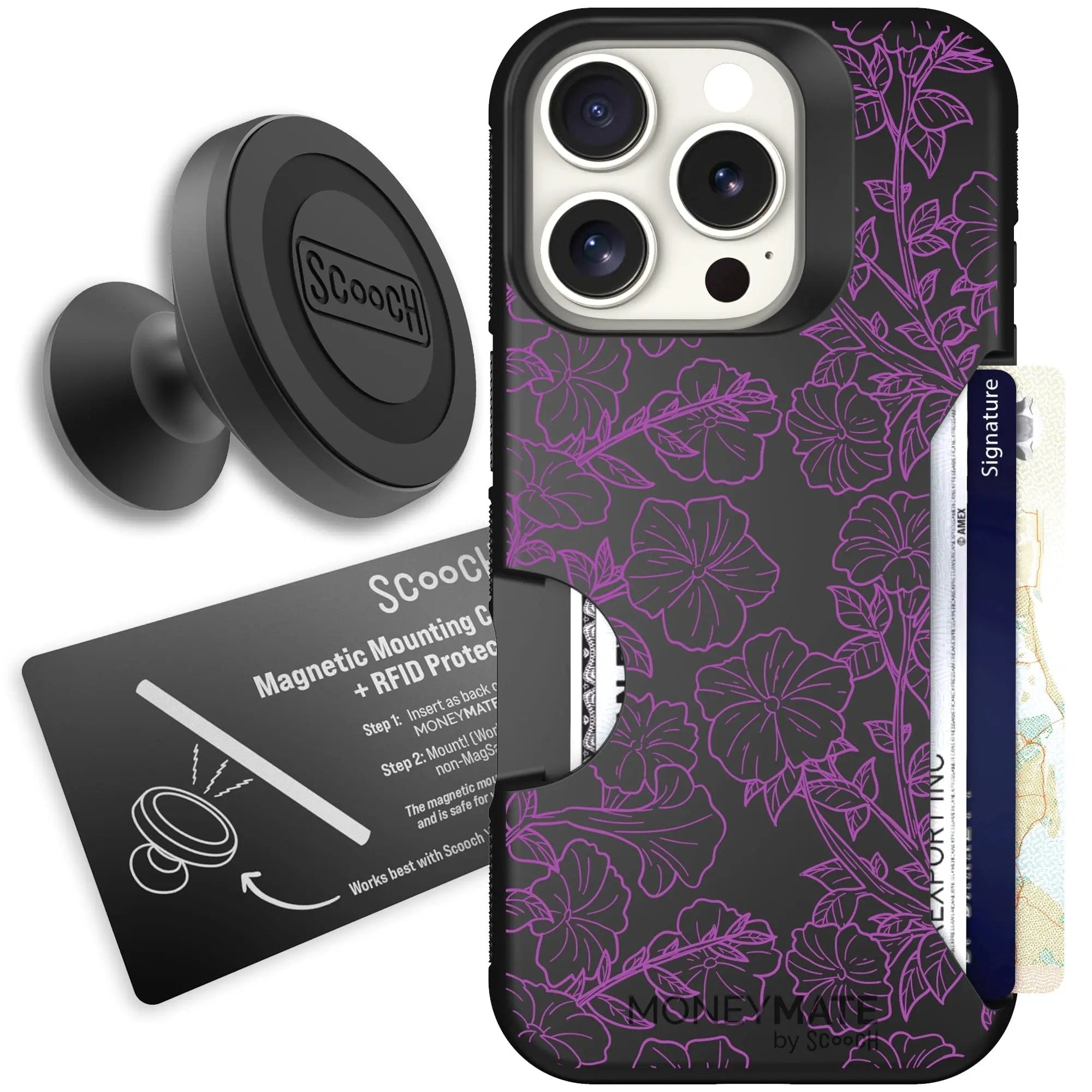 Scooch-Moneymate Starter Bundle for iPhone 16 Pro-Purple Petunias