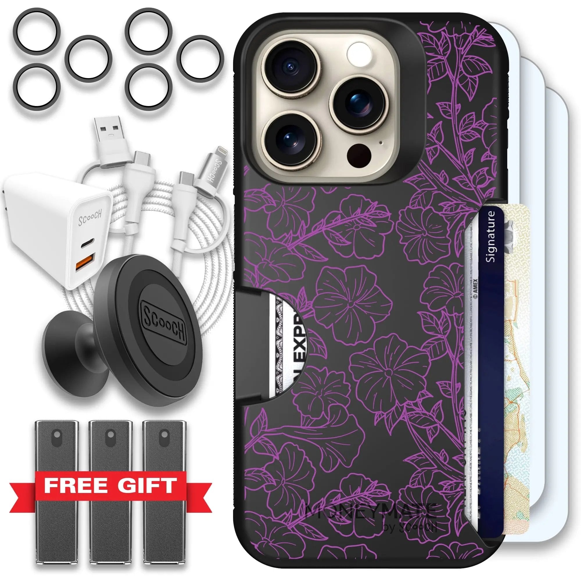 Scooch-Moneymate Ultimate Bundle for iPhone 15 Pro-Purple Petunias