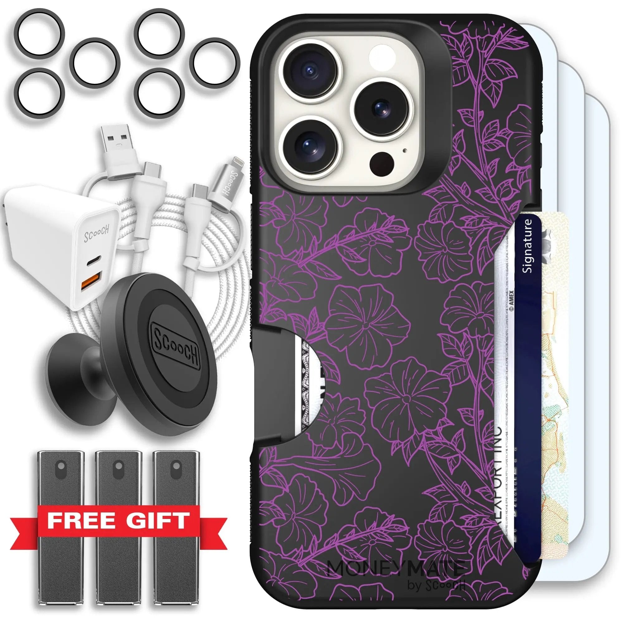Scooch-Moneymate Ultimate Bundle for iPhone 16 Pro-Purple Petunias
