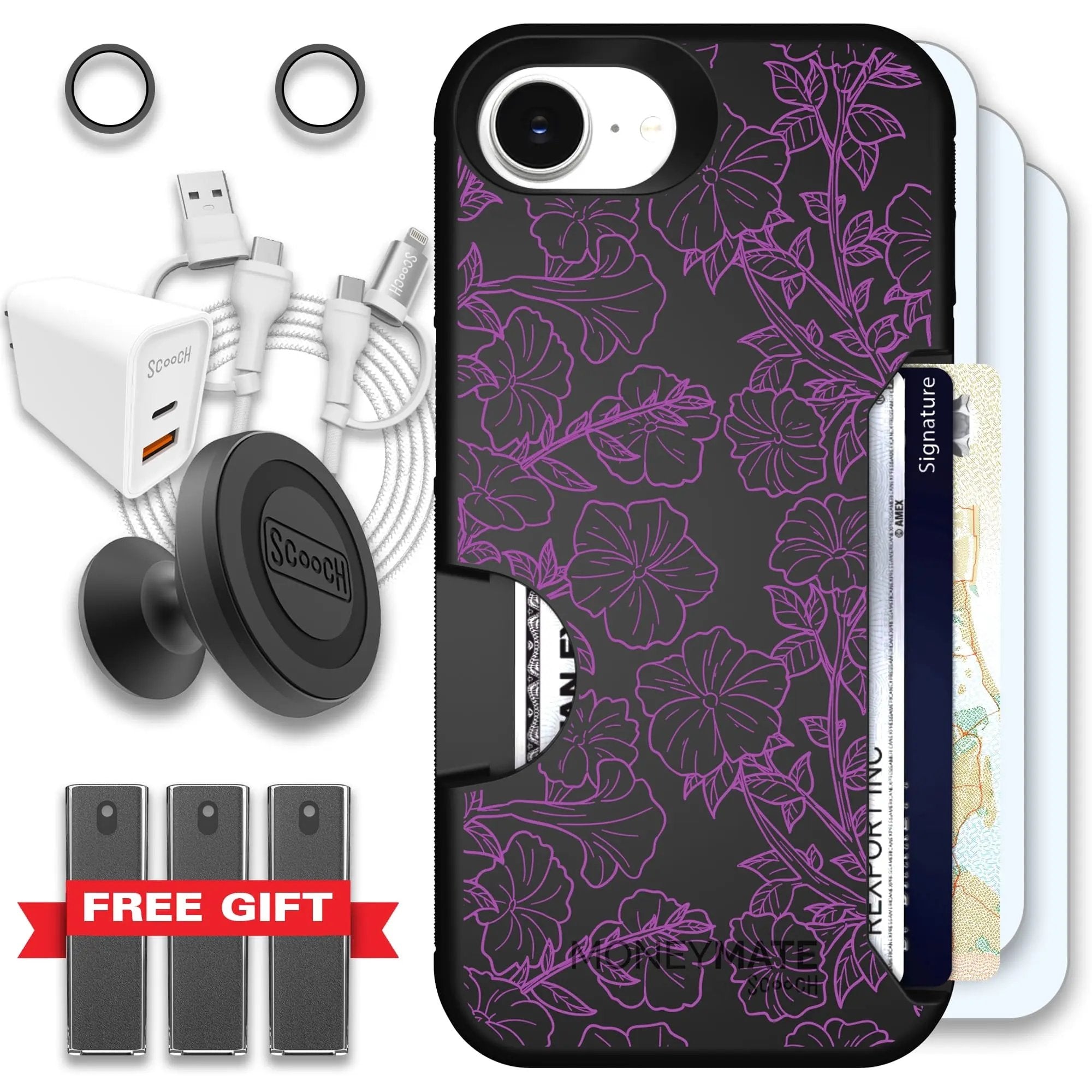 Scooch-Moneymate Ultimate Bundle for iPhone 16e-Purple Petunias