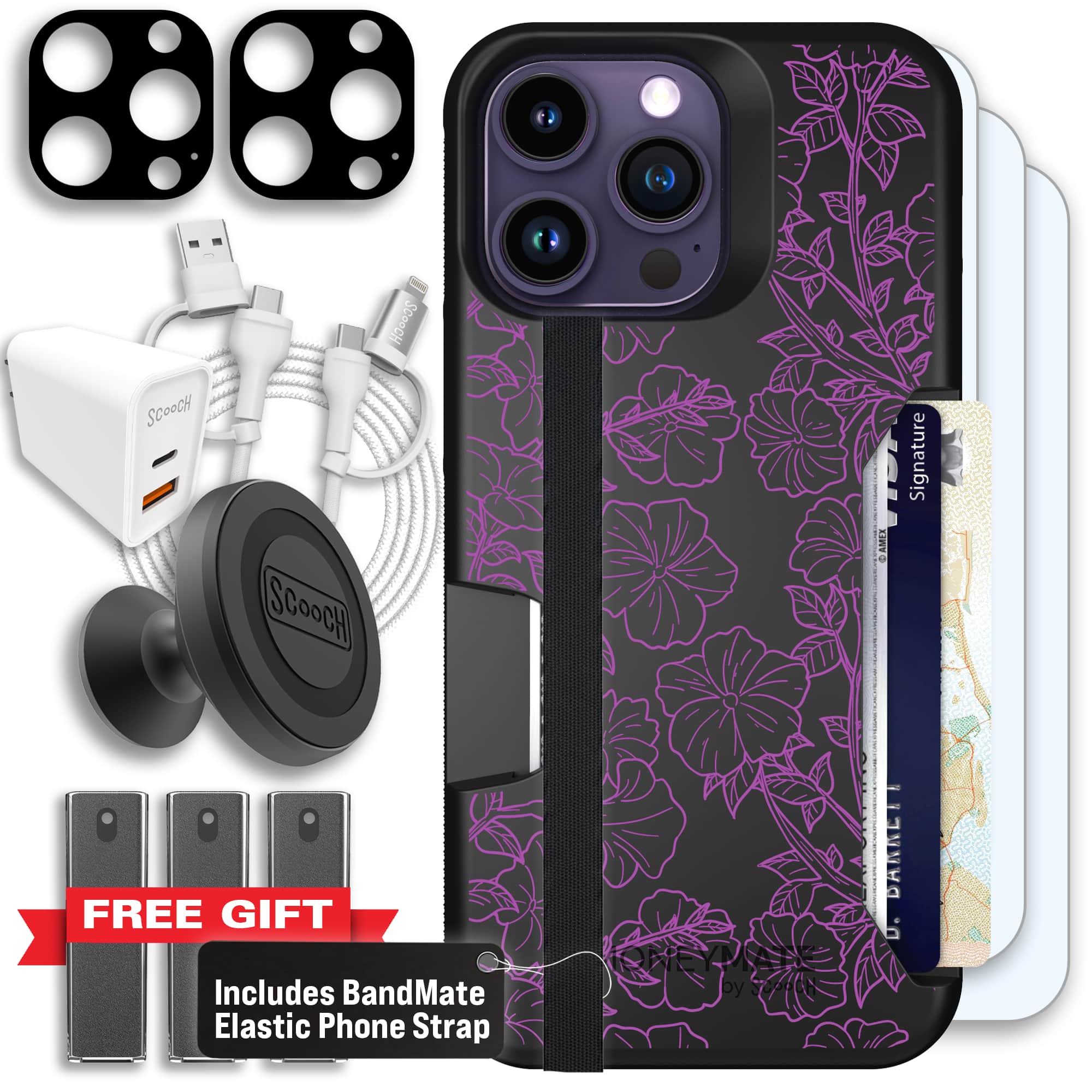 Moneymate - iPhone 14 Pro Max - Purple Petunias - Ultimate Bundle