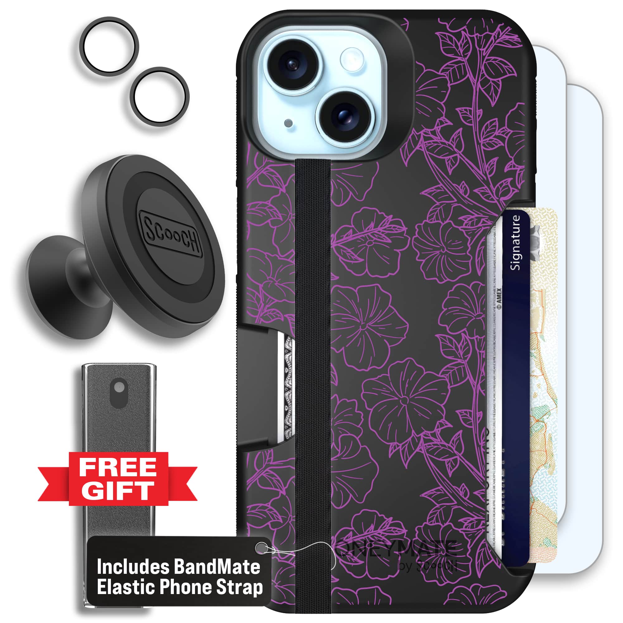 Moneymate - iPhone 15 - Purple Petunias - Defender Bundle