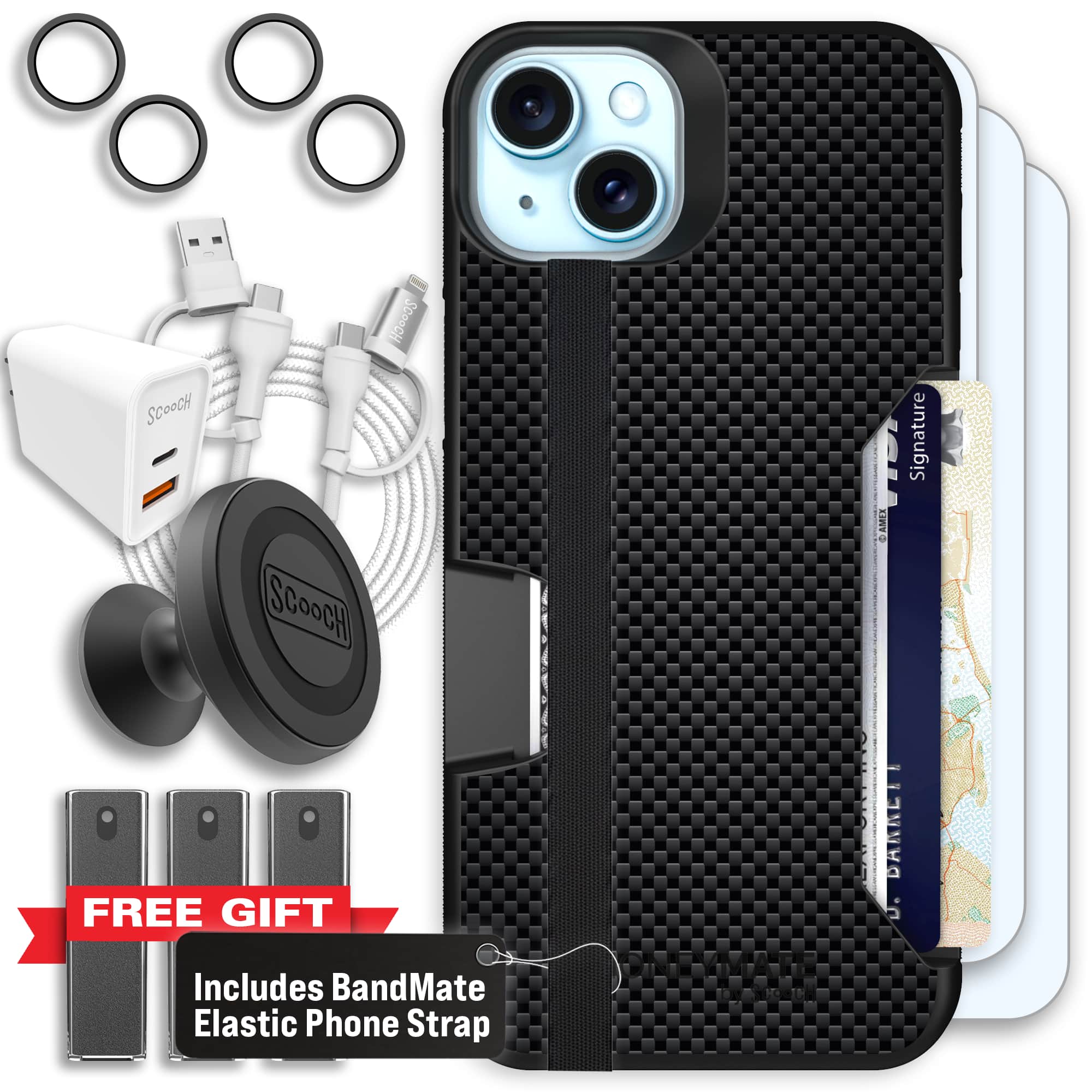 Moneymate - iPhone 15 Plus - Carbon Fiber - Ultimate Bundle