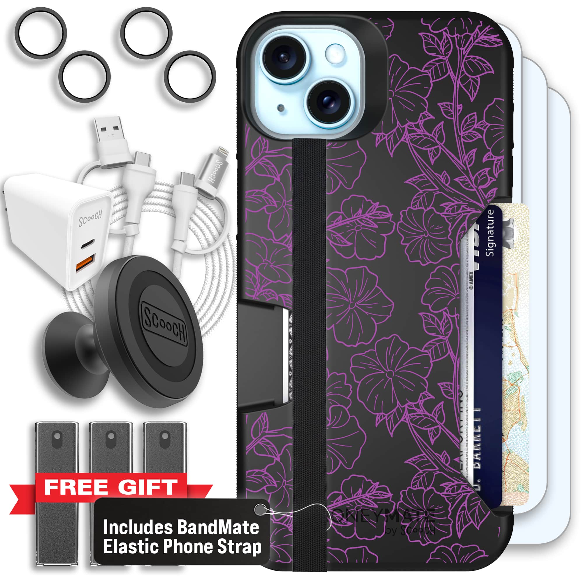 Moneymate - iPhone 15 Plus - Purple Petunias - Ultimate Bundle