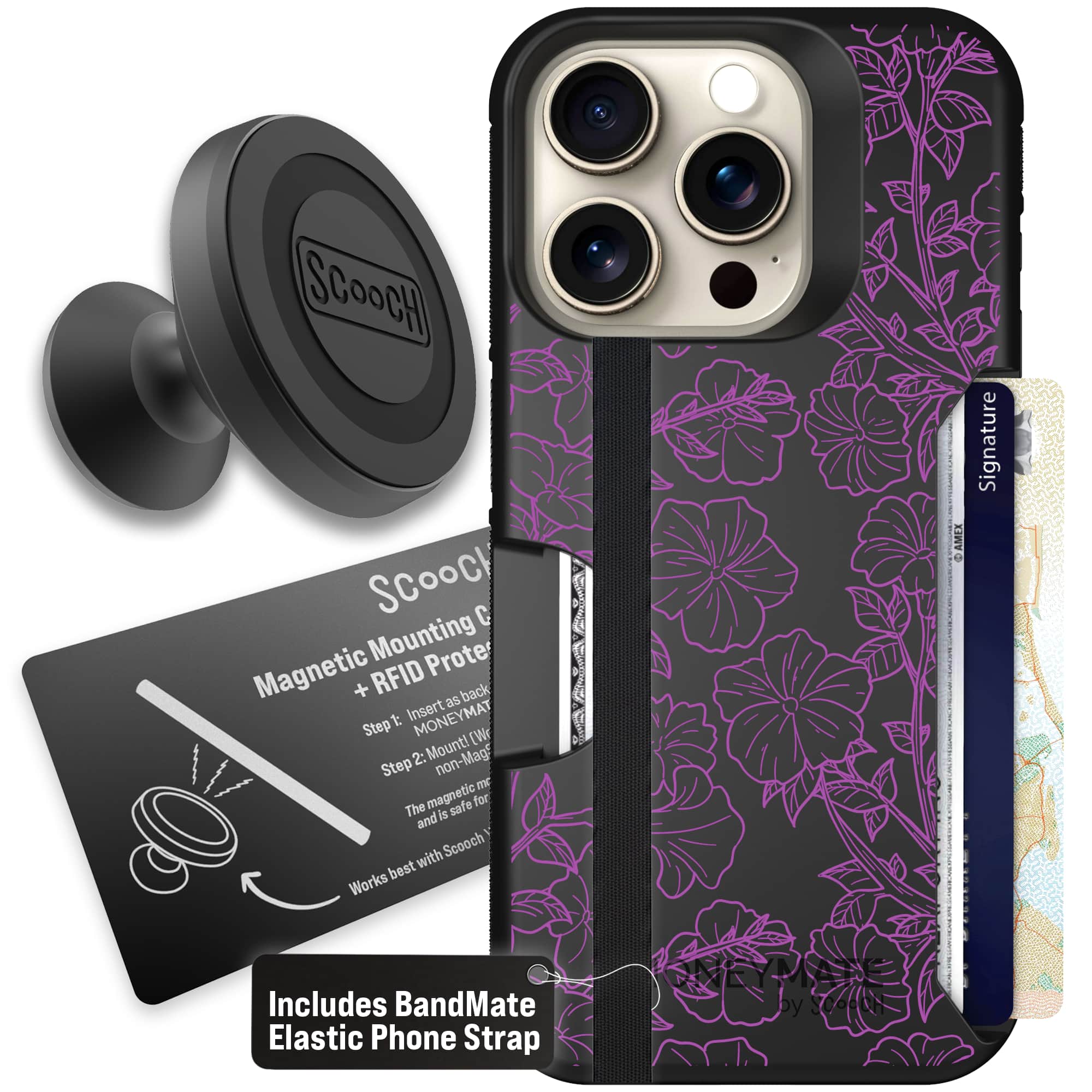 Moneymate - iPhone 15 Pro - Purple Petunias - Starter Bundle