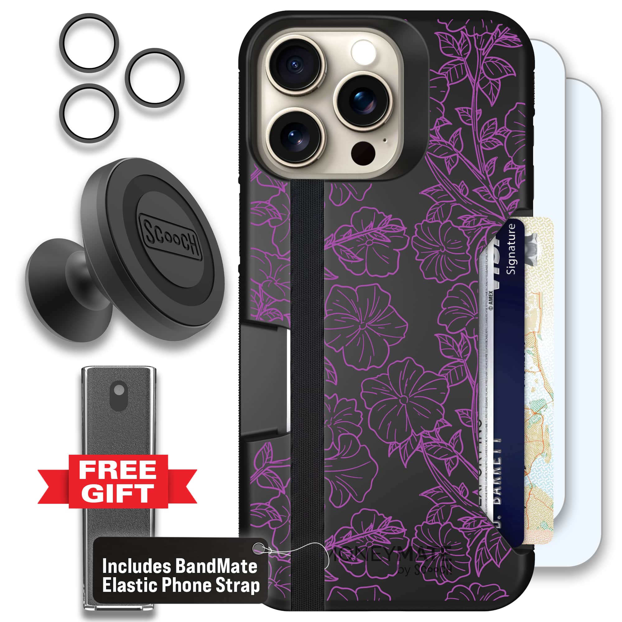 Moneymate - iPhone 15 Pro Max - Purple Petunias - Defender Bundle