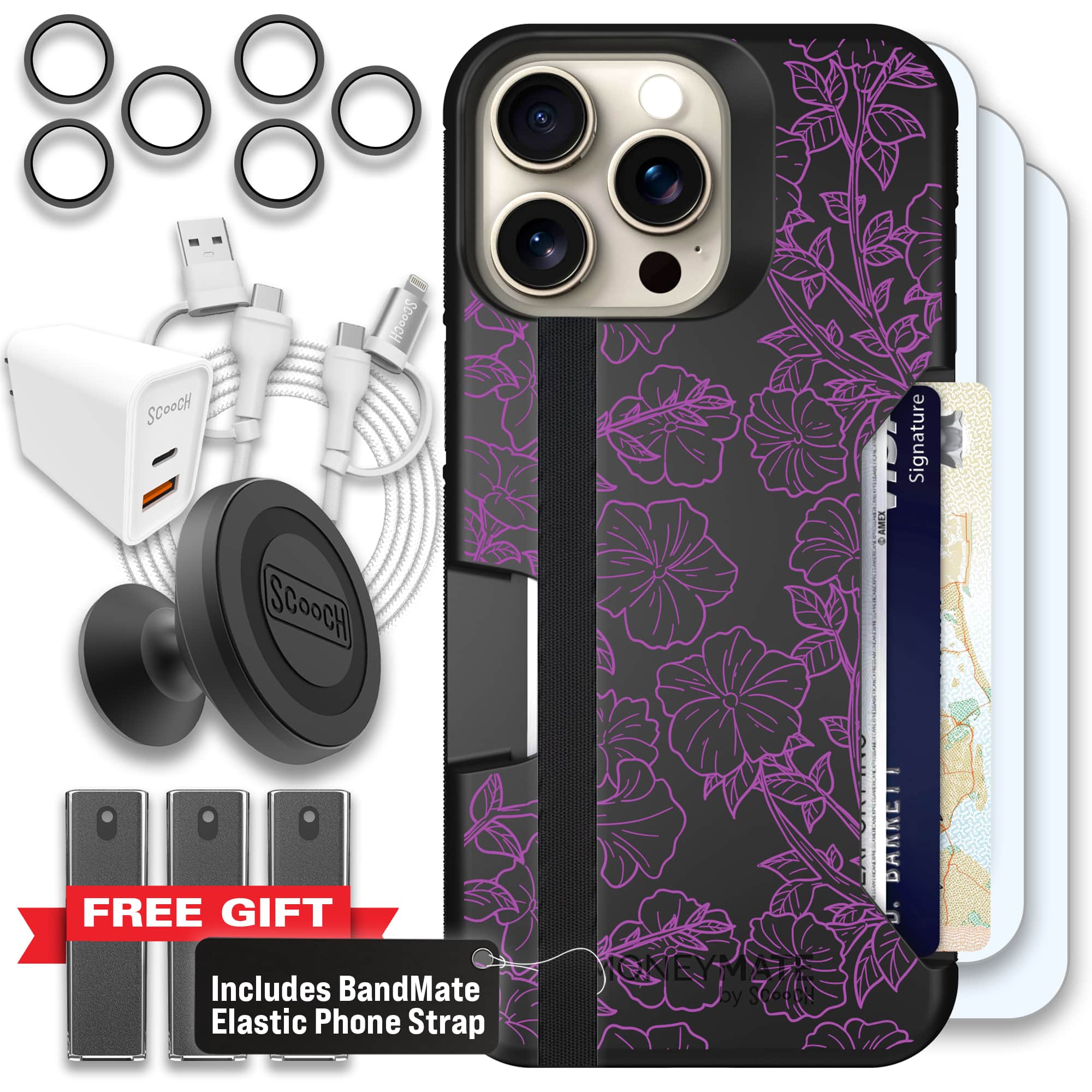 Moneymate - iPhone 15 Pro Max - Purple Petunias - Ultimate Bundle