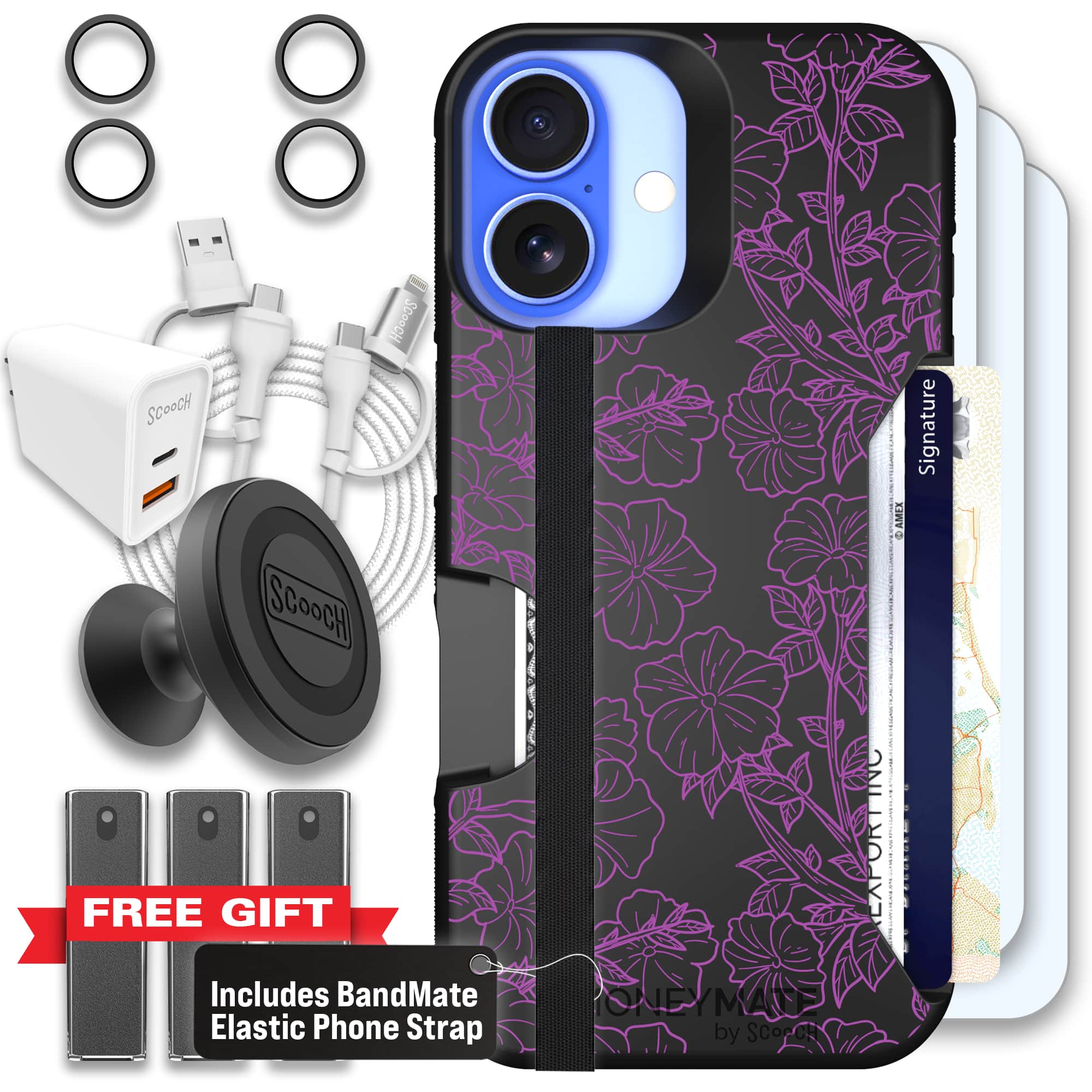 Moneymate - iPhone 16 - Purple Petunias - Ultimate Bundle