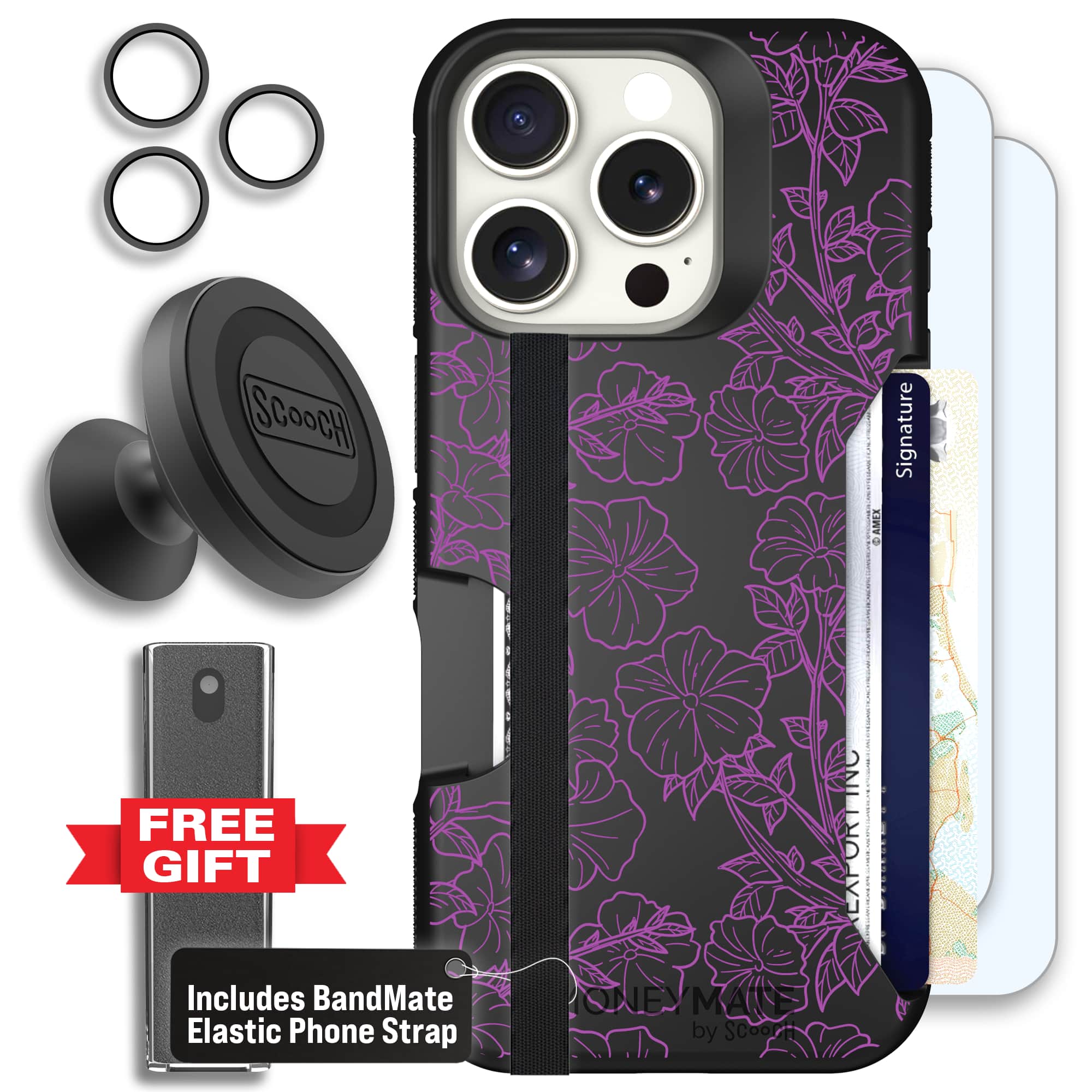Moneymate - iPhone 16 Pro - Purple Petunias - Defender Bundle