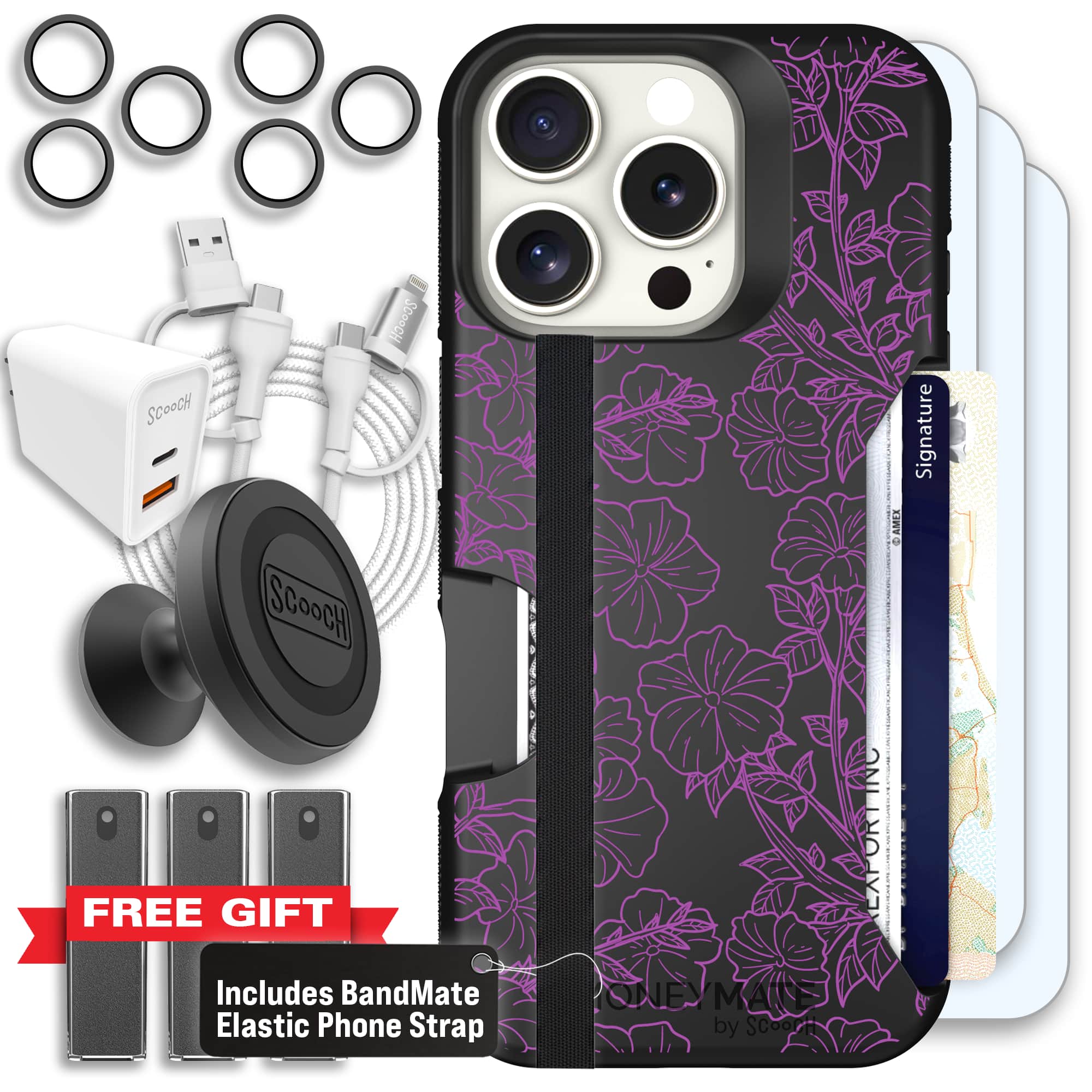 Moneymate - iPhone 16 Pro - Purple Petunias - Ultimate Bundle