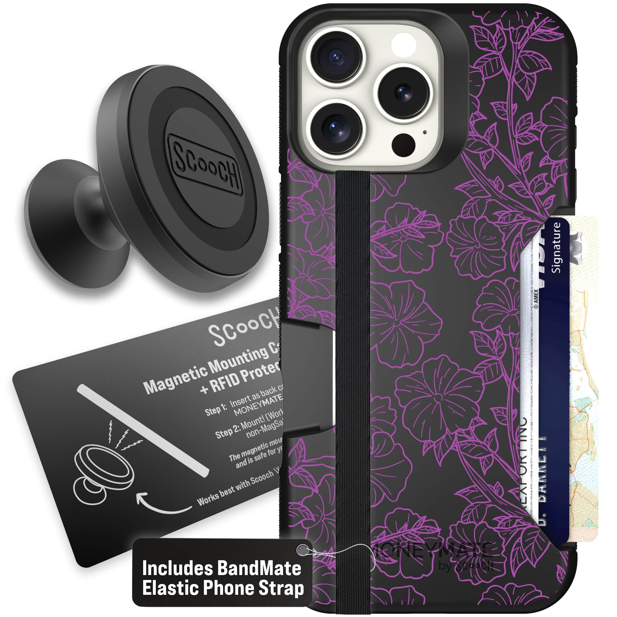Moneymate - iPhone 16 Pro Max - Purple Petunias - Starter Bundle
