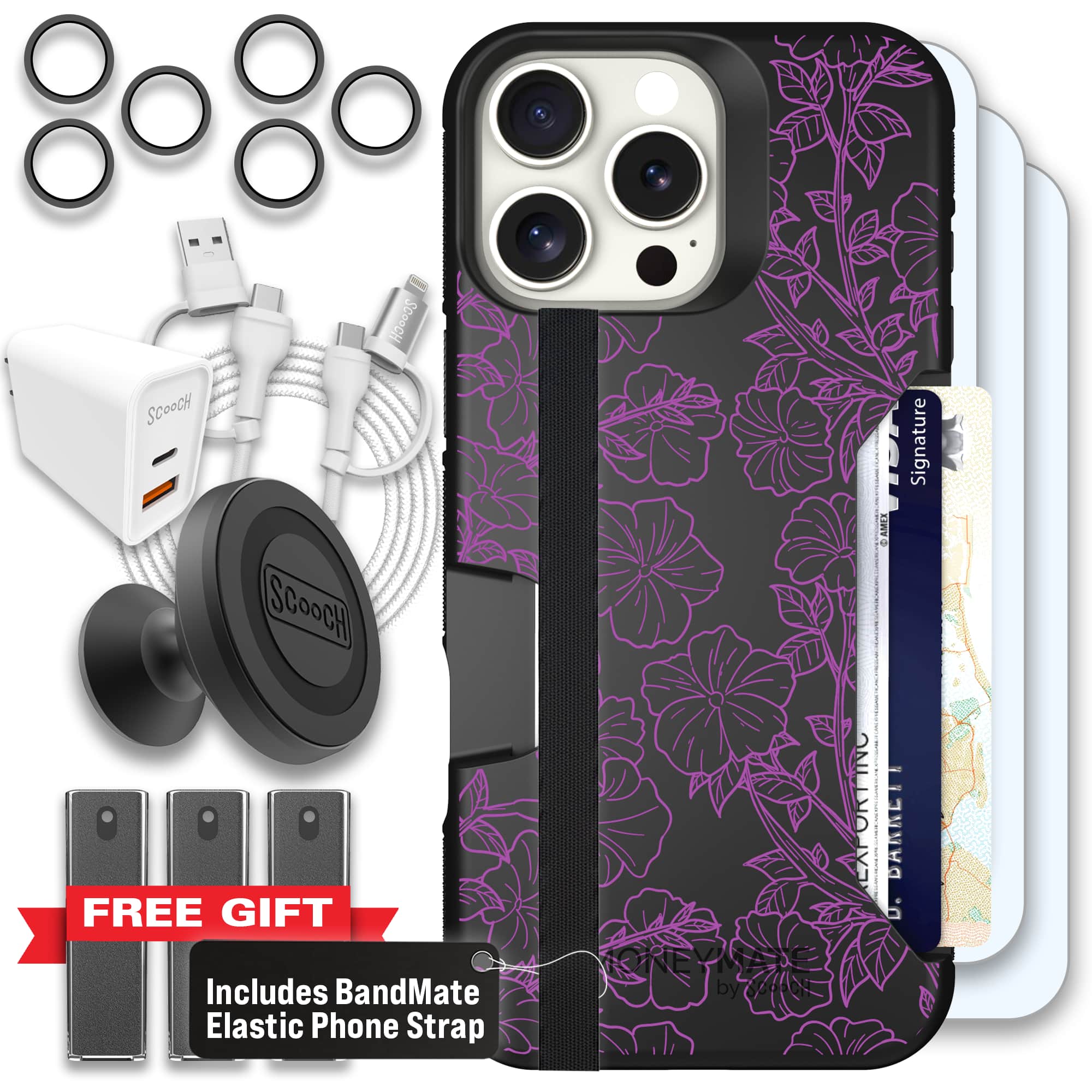 Moneymate - iPhone 16 Pro Max - Purple Petunias - Ultimate Bundle