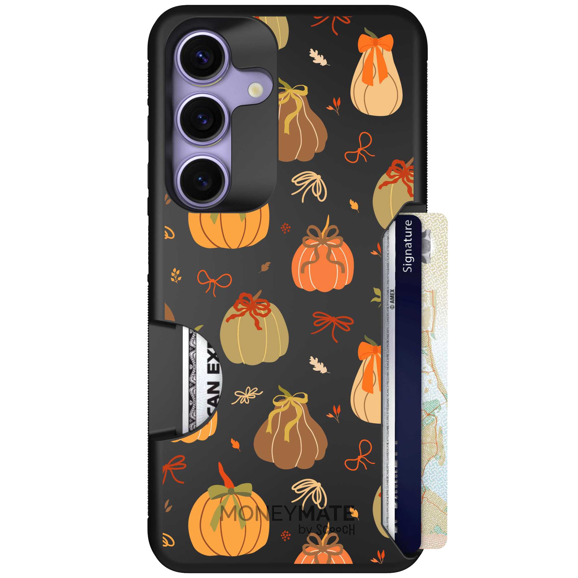 Pretty Pumpkins orange pumpkin and bow pattern on a Scooch Moneymate case for Galaxy S25