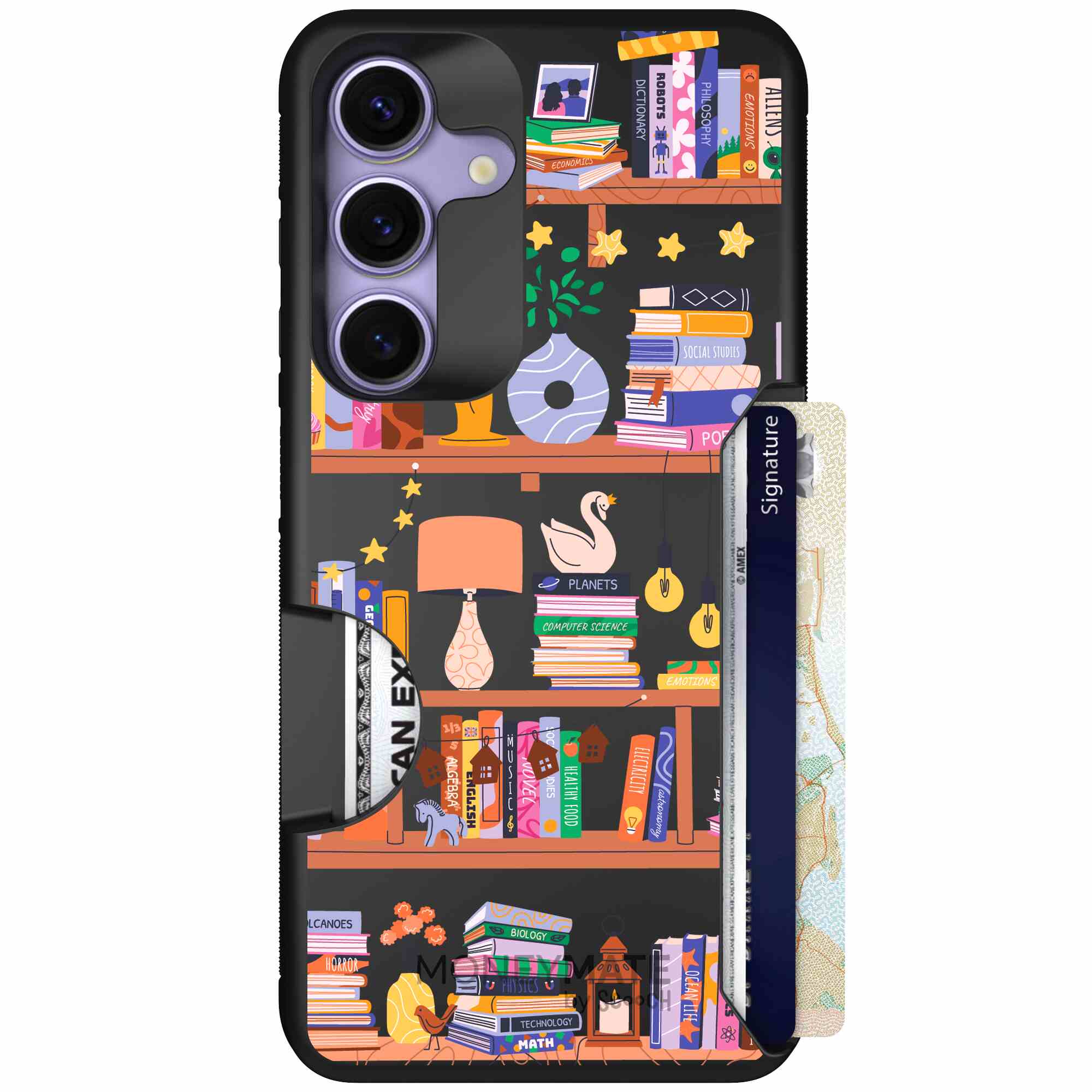 Little Library colorful book and bookshelf pattern on a Scooch Moneymate case for Galaxy S25