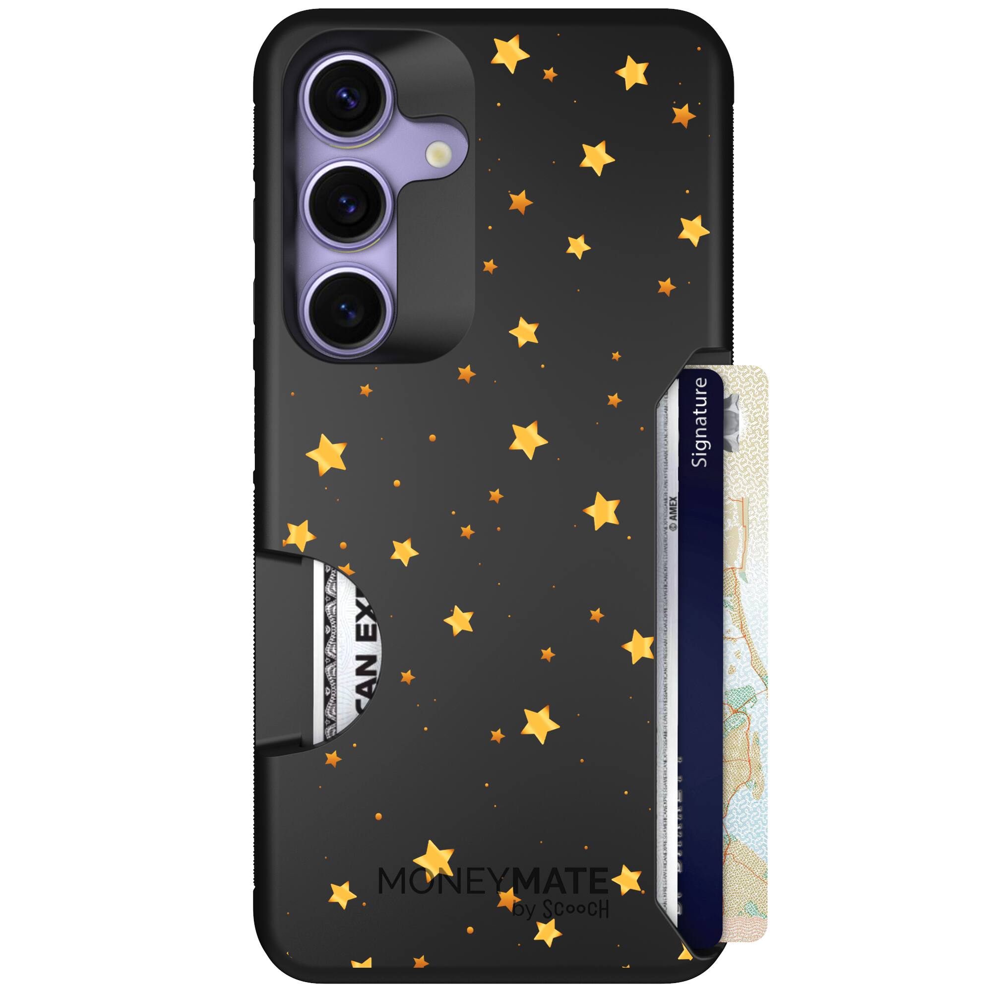 Gold Stars yellow and gold star pattern on a charcoal Scooch Moneymate case for Galaxy S25