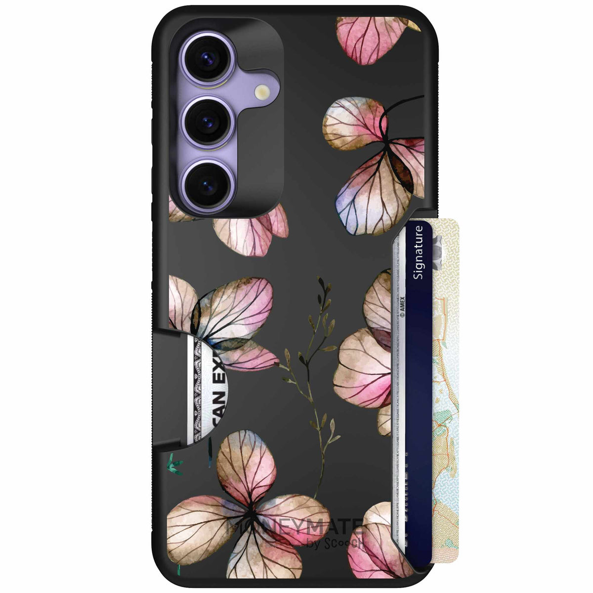 Dried Flowers blush mauve and cream floral pattern on a black Scooch Moneymate case for Galaxy S25