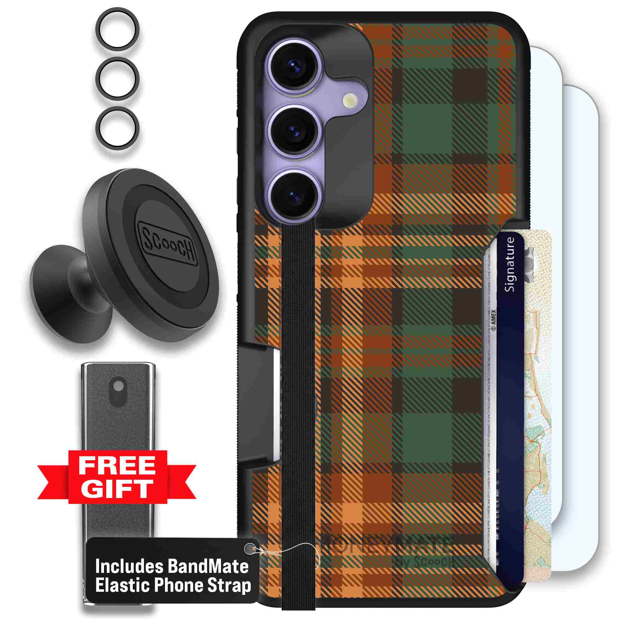 Fall Flannel orange and brown plaid pattern on a Scooch Moneymate case for Galaxy S25 - Defender Bundle