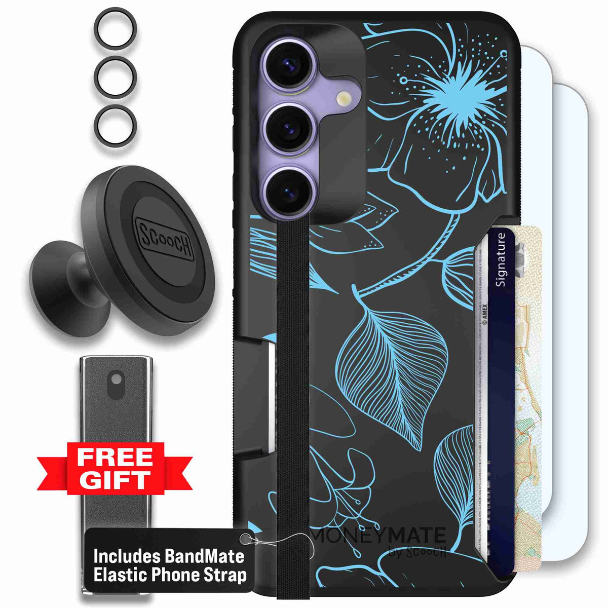 Blue Hibiscus cyan-blue tropical flower pattern on a charcoal Scooch Moneymate case for Galaxy S25 - Defender Bundle