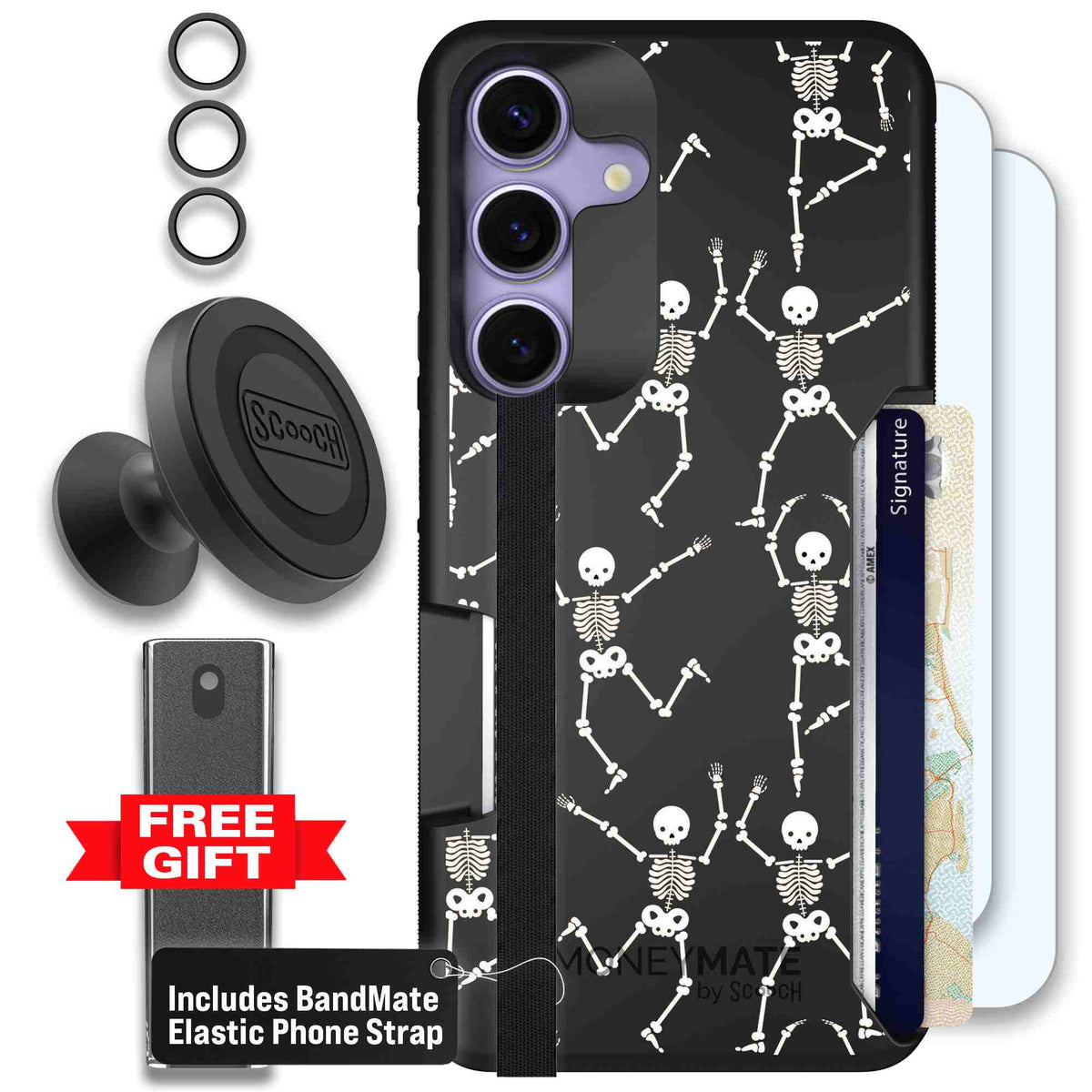 Swinging Skeletons white dancing skeleton pattern on a black Scooch Moneymate case for Galaxy S25 - Defender Bundle