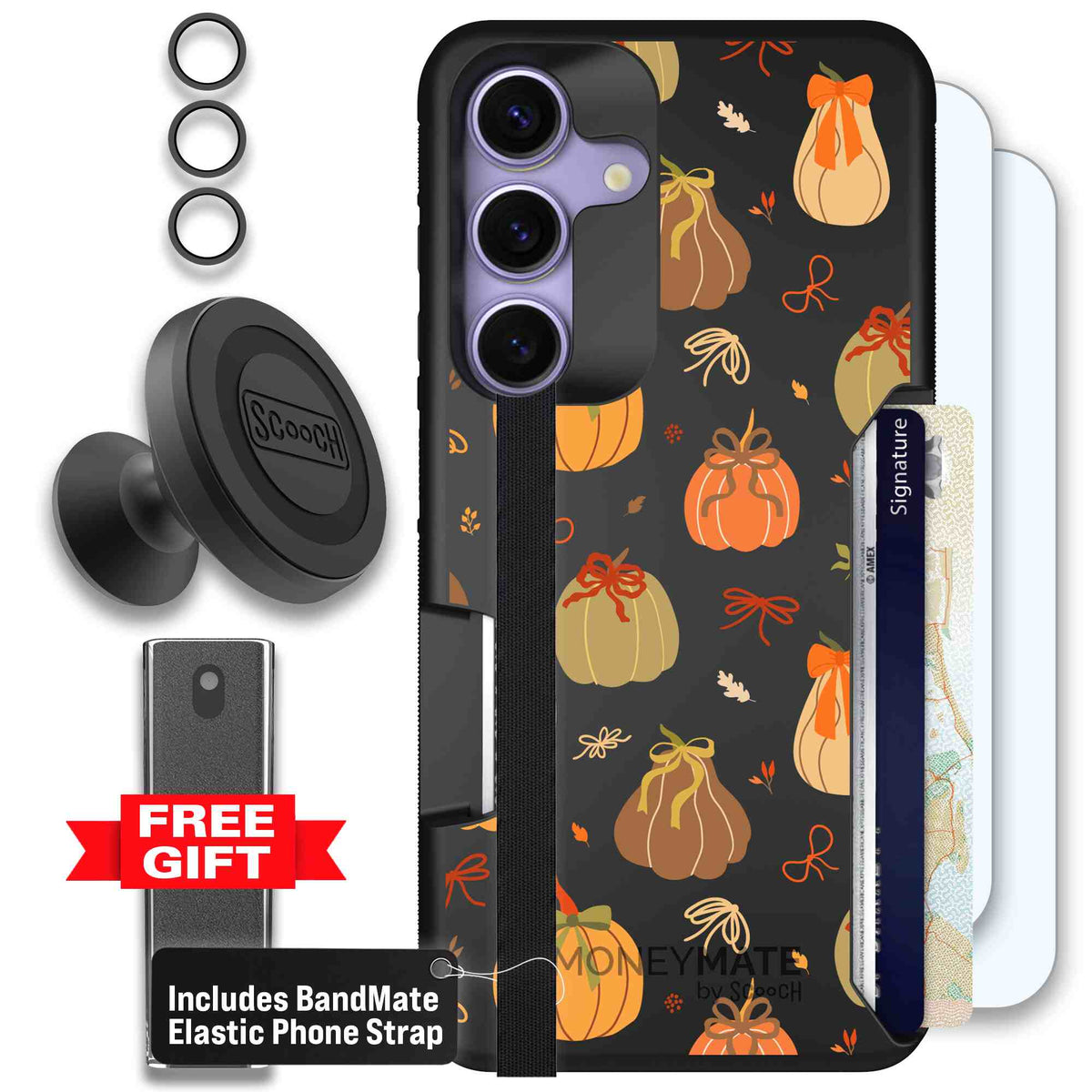 Pretty Pumpkins orange pumpkin and bow pattern on a Scooch Moneymate case for Galaxy S25 - Defender Bundle