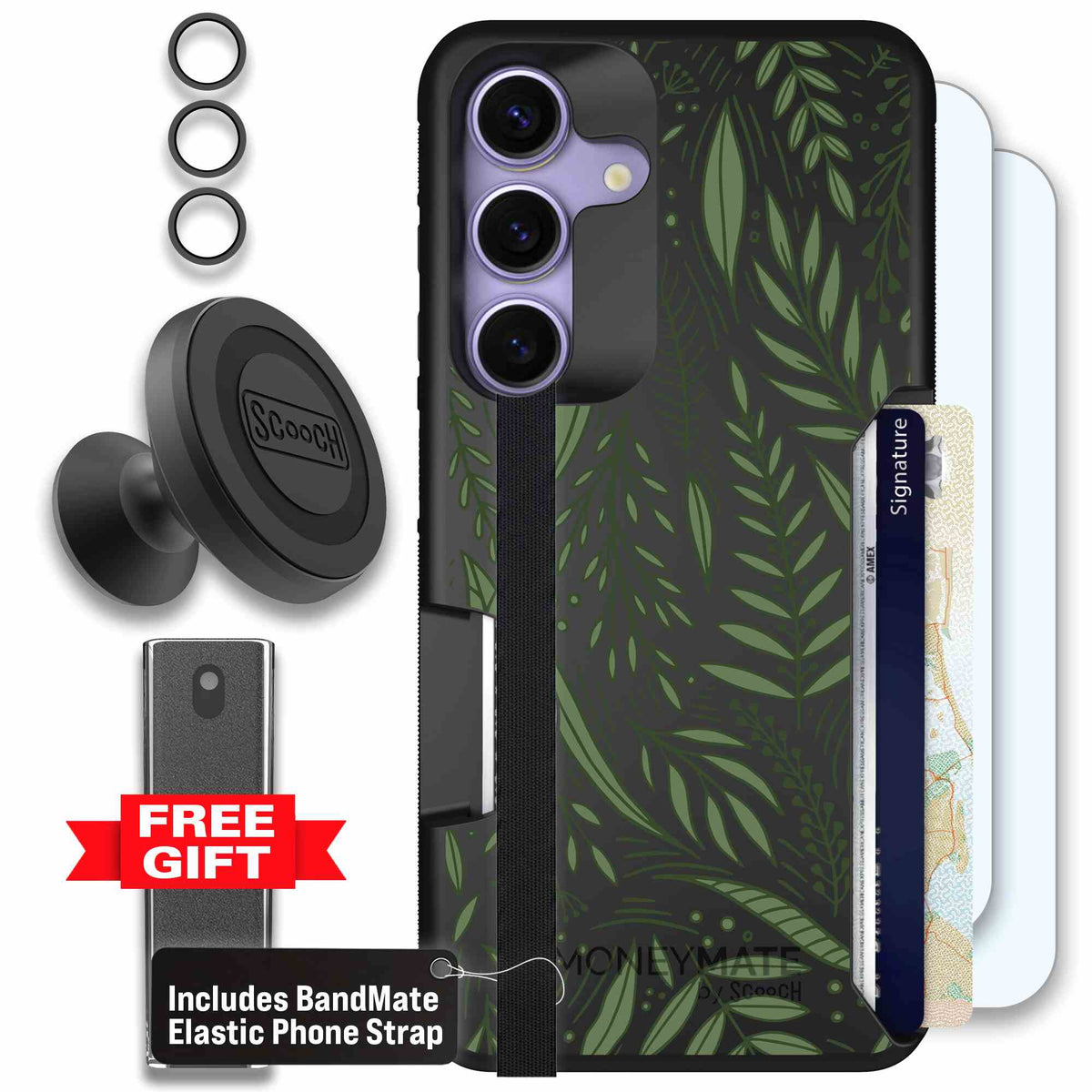 Willow Garden layered green leaves and branches on a charcoal Scooch Moneymate case for Galaxy S25 - Defender Bundle