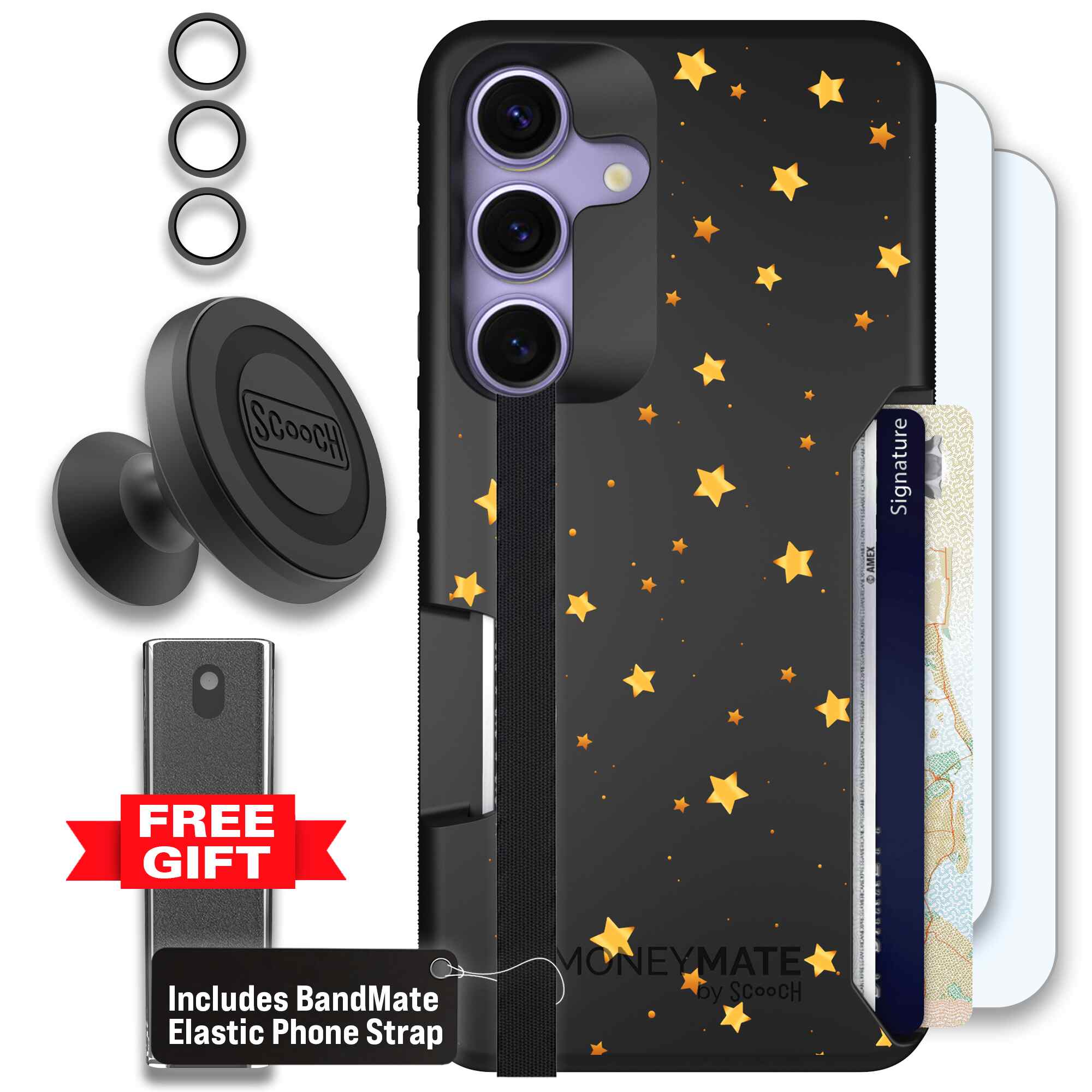 Gold Stars yellow and gold star pattern on a charcoal Scooch Moneymate case for Galaxy S25 - Defender Bundle