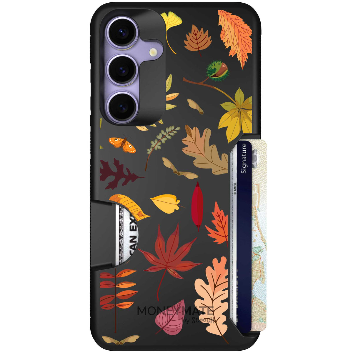 Autumn Leaves multicolored fall foliage pattern on a charcoal Scooch Moneymate case for Galaxy S25+