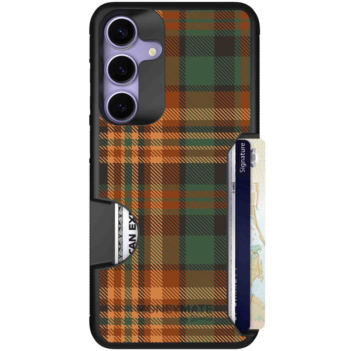 Fall Flannel orange and brown plaid pattern on a Scooch Moneymate case for Galaxy S25+