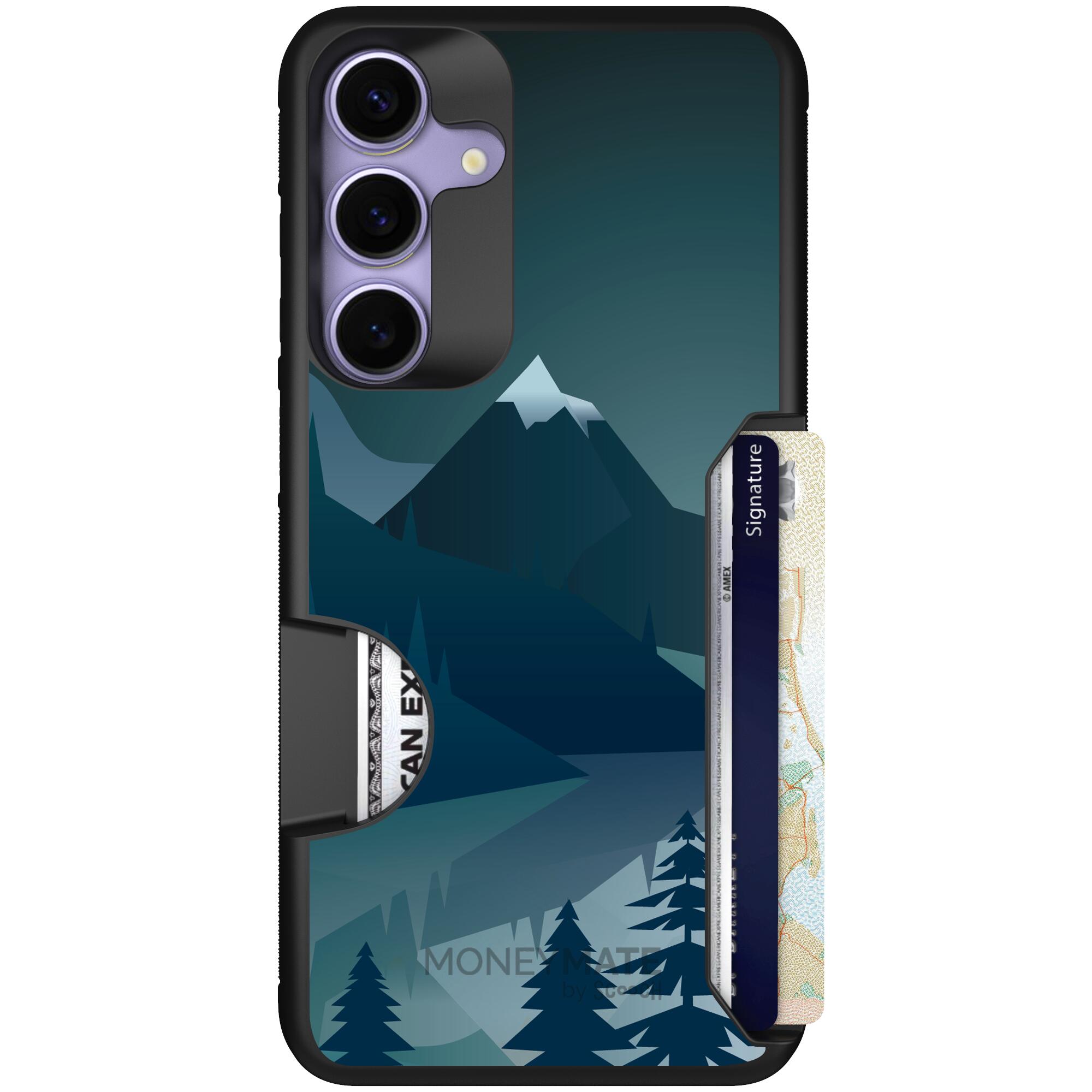 Midnight Ridge layered blue mountains and evergreen trees on a Scooch Moneymate case for Galaxy S25+