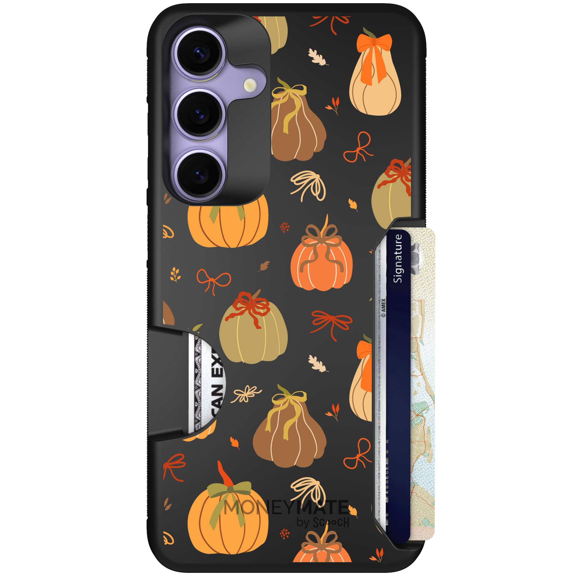 Pretty Pumpkins orange pumpkin and bow pattern on a Scooch Moneymate case for Galaxy S25+