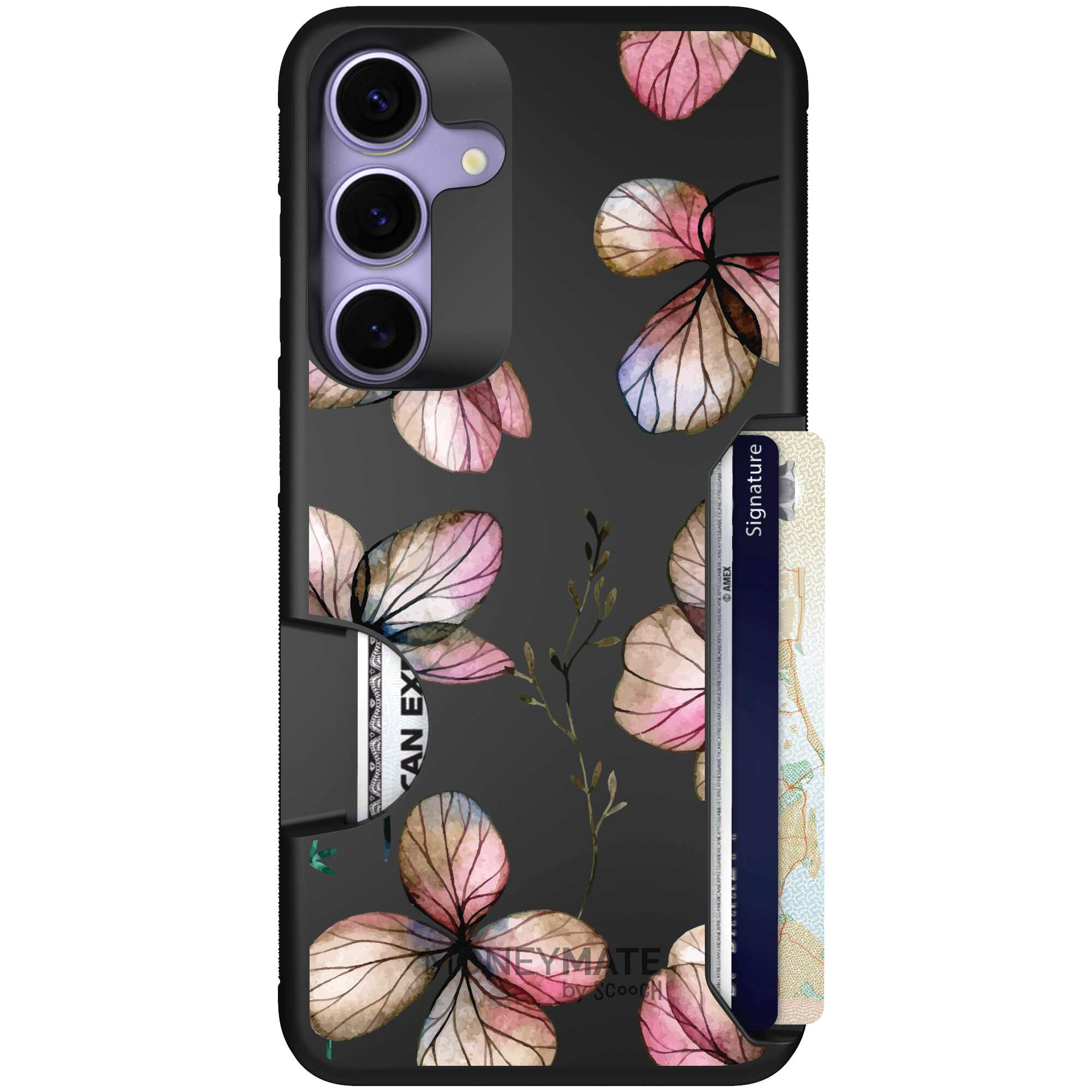 Dried Flowers blush mauve and cream floral pattern on a black Scooch Moneymate case for Galaxy S25+