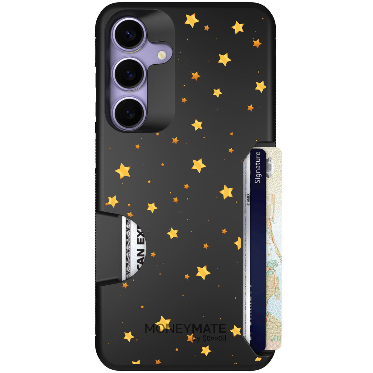 Gold Stars yellow and gold star pattern on a charcoal Scooch Moneymate case for Galaxy S25+
