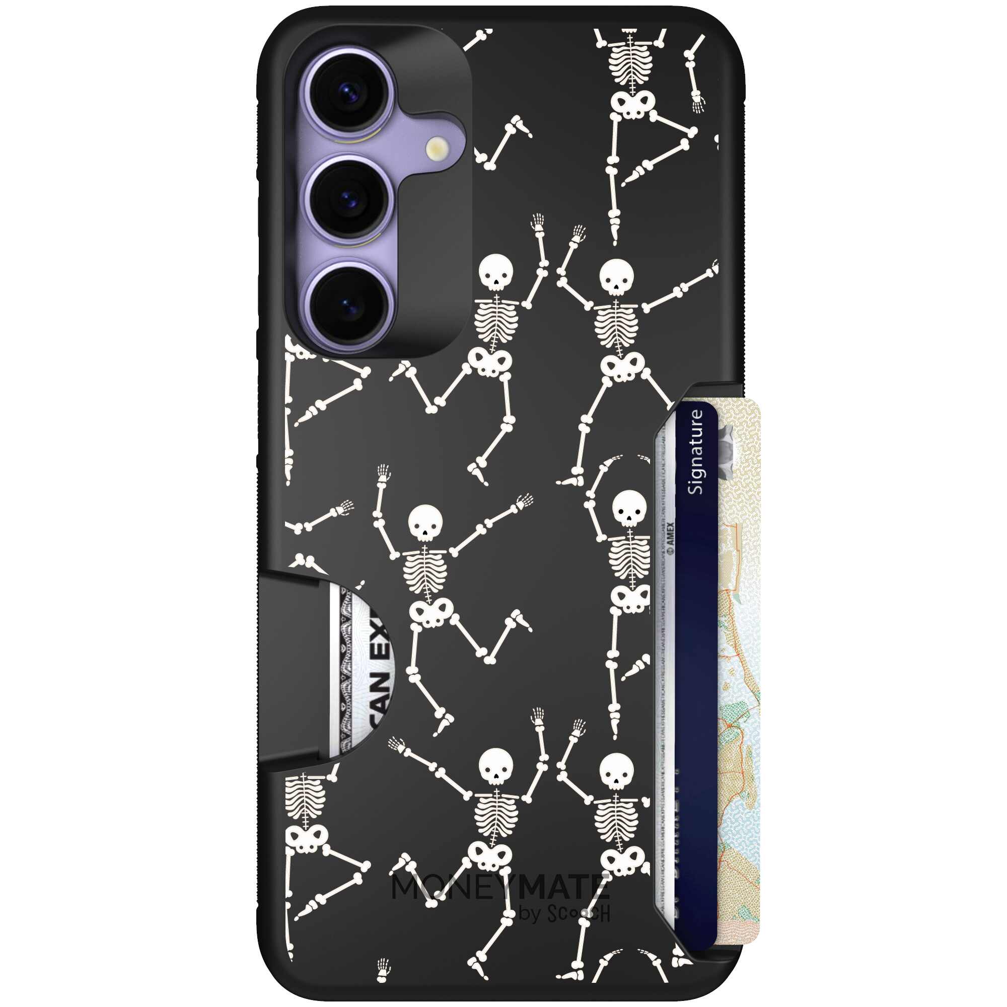 Swinging Skeletons white dancing skeleton pattern on a black Scooch Moneymate case for Galaxy S25+