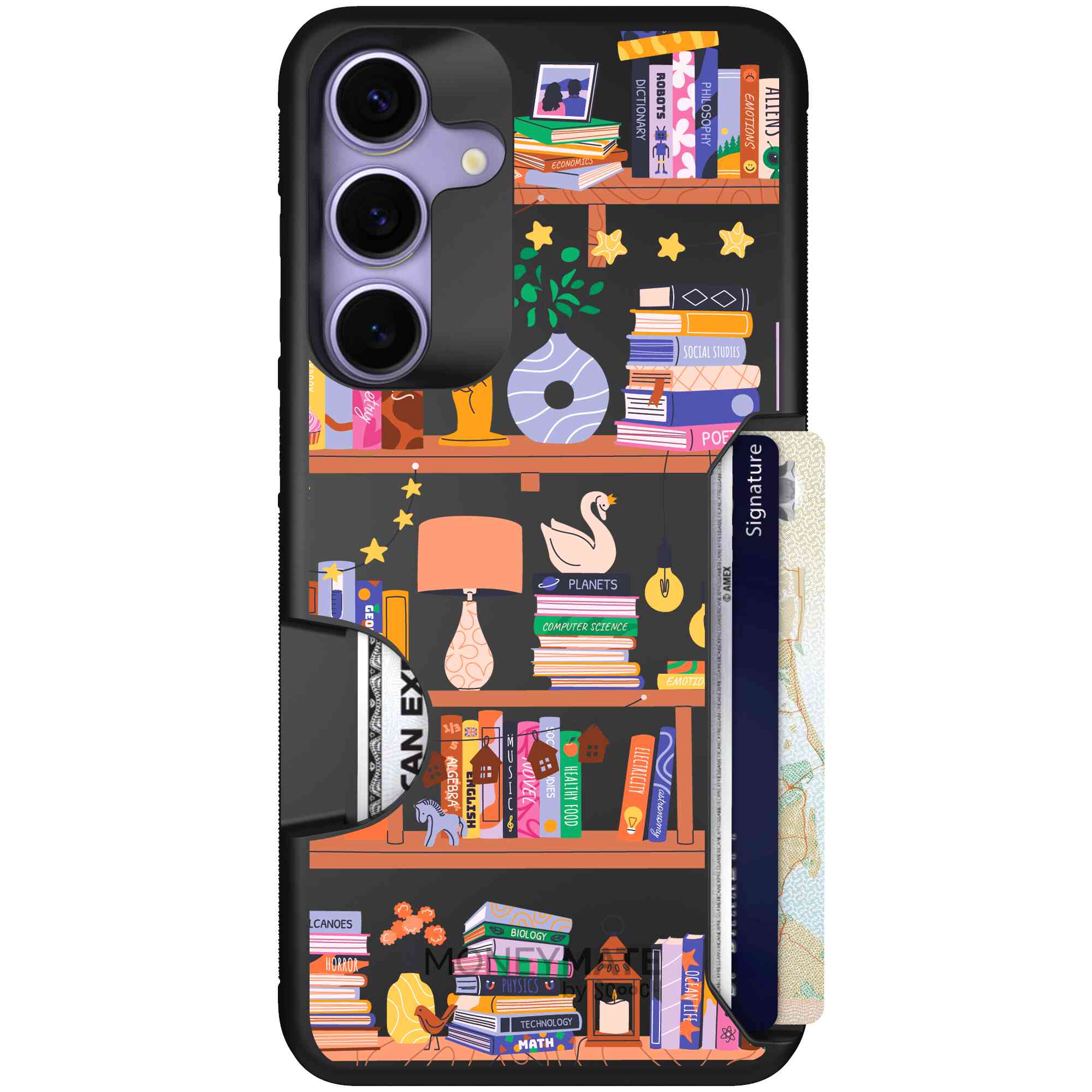 Little Library colorful book and bookshelf pattern on a Scooch Moneymate case for Galaxy S25+