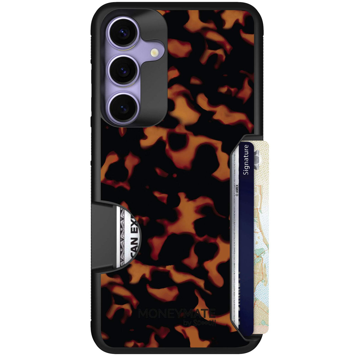 Tortoise Shell amber brown and black mottled pattern on a Scooch Moneymate case for Galaxy S25+
