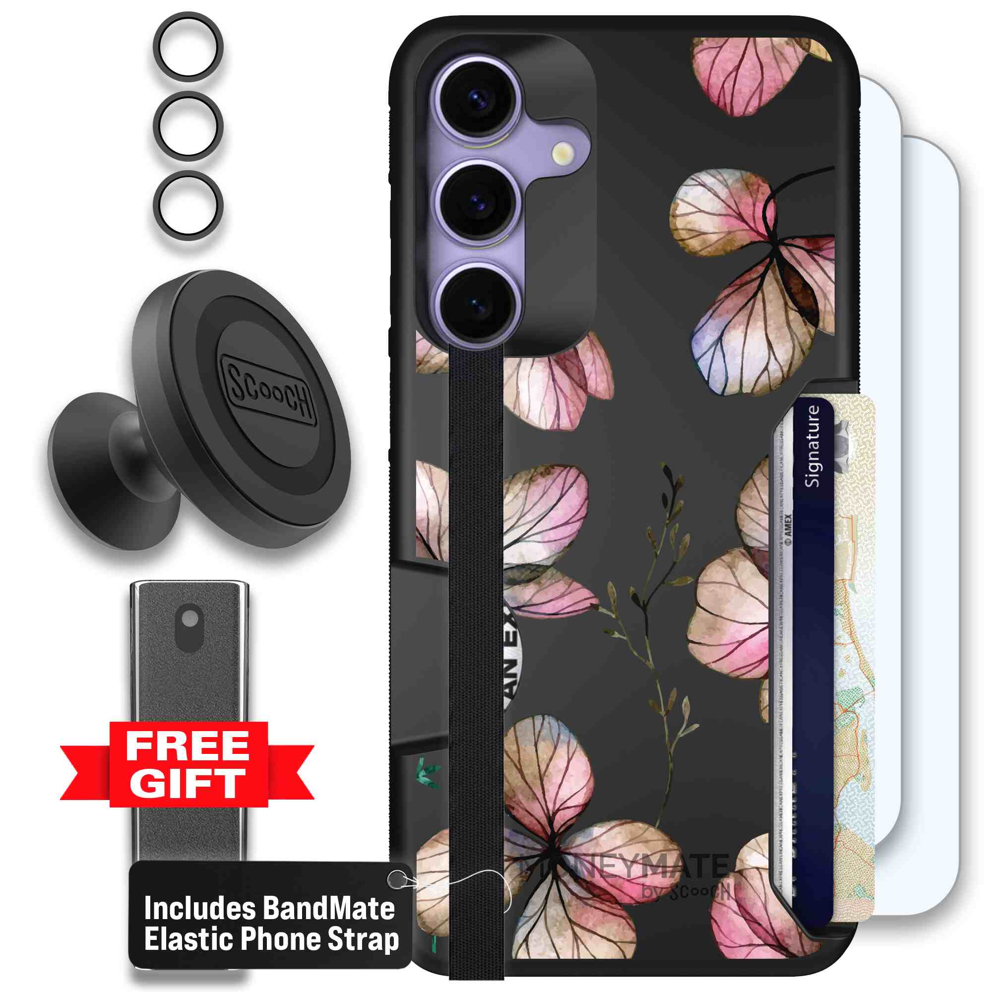 Dried Flowers blush mauve and cream floral pattern on a black Scooch Moneymate case for Galaxy S25+ - Defender Bundle