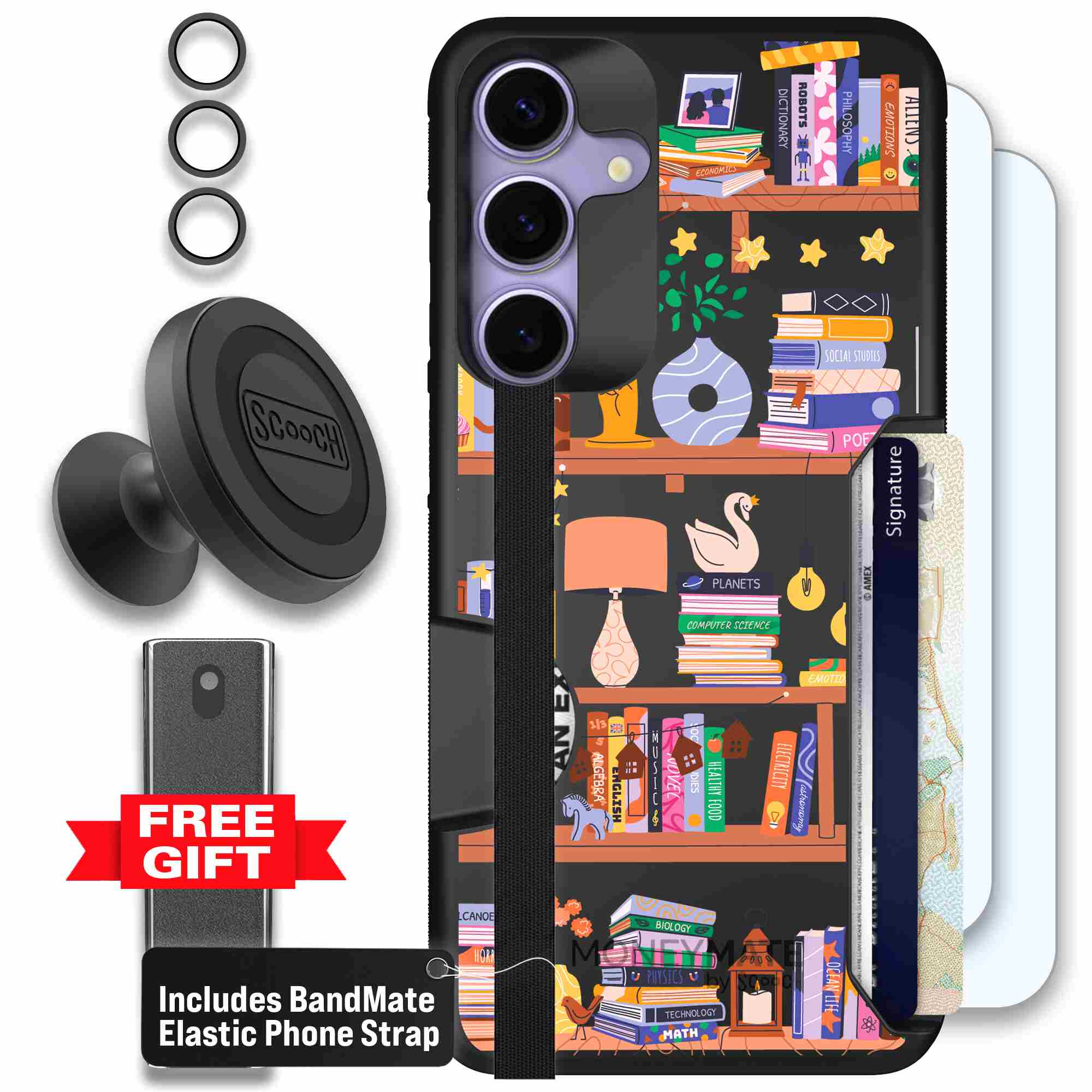 Little Library colorful book and bookshelf pattern on a Scooch Moneymate case for Galaxy S25+ - Defender Bundle
