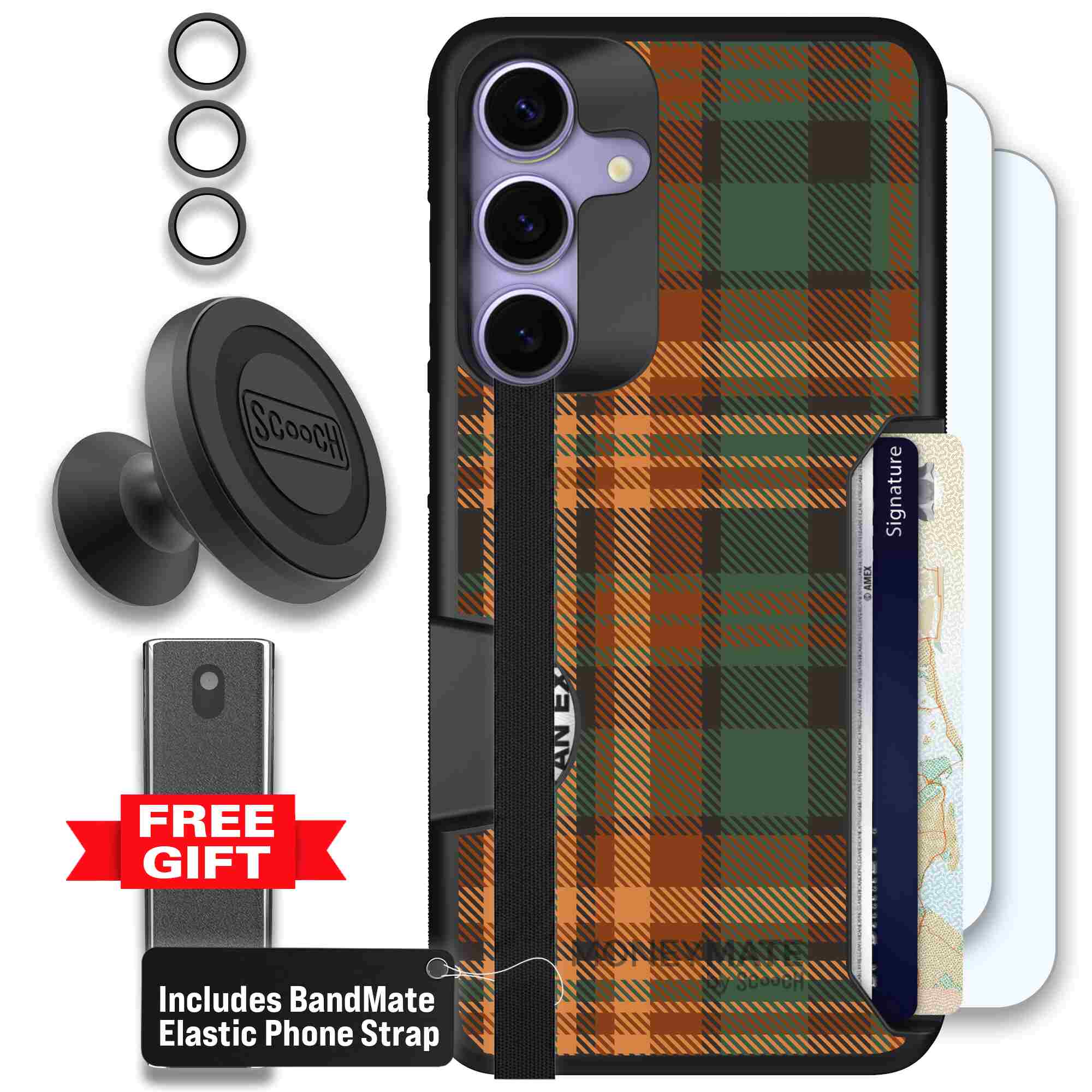Fall Flannel orange and brown plaid pattern on a Scooch Moneymate case for Galaxy S25+ - Defender Bundle