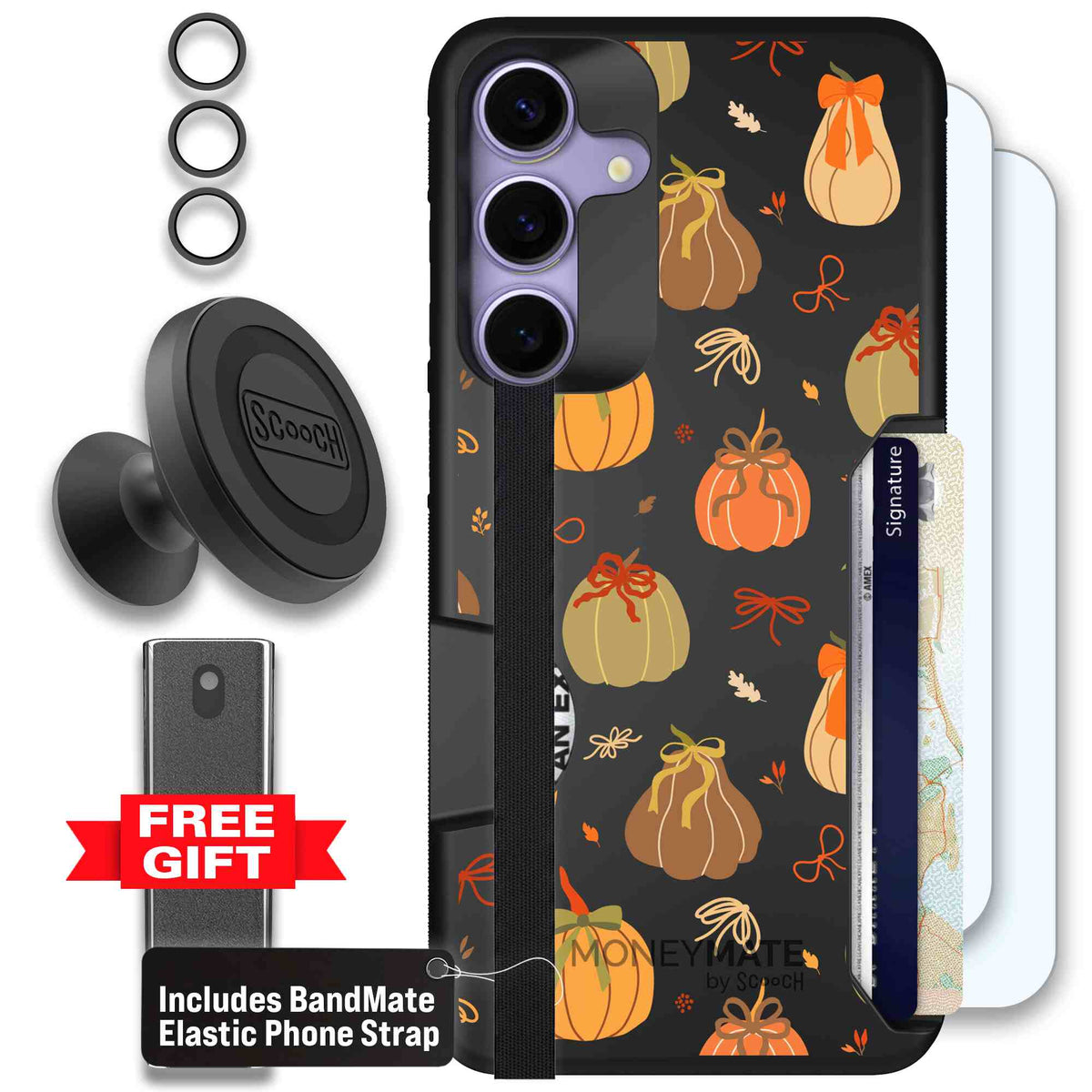 Pretty Pumpkins orange pumpkin and bow pattern on a Scooch Moneymate case for Galaxy S25+ - Defender Bundle