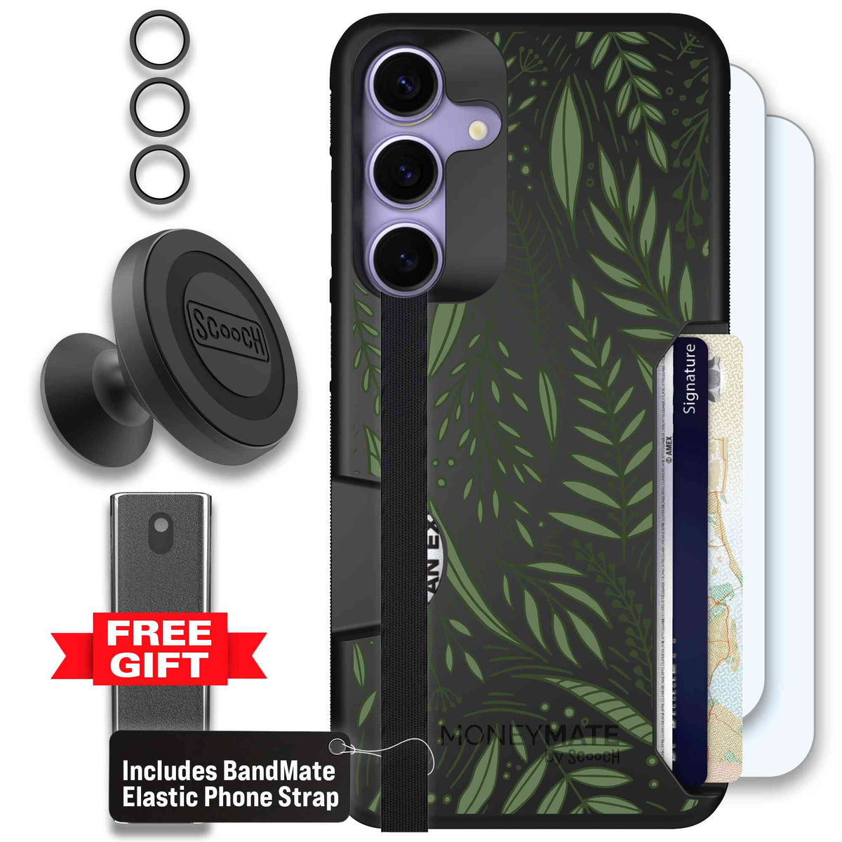 Willow Garden layered green leaves and branches on a charcoal Scooch Moneymate case for Galaxy S25+ - Defender Bundle