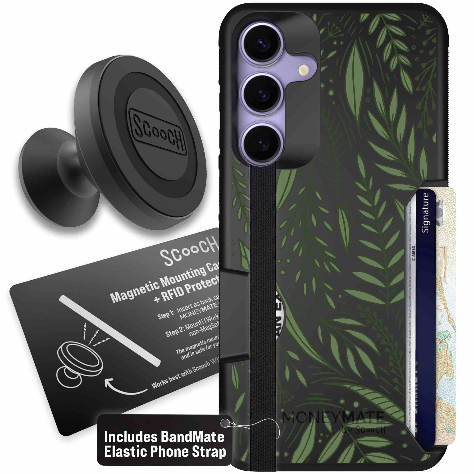 Willow Garden layered green leaves and branches on a charcoal Scooch Moneymate case for Galaxy S25+ - Starter Bundle