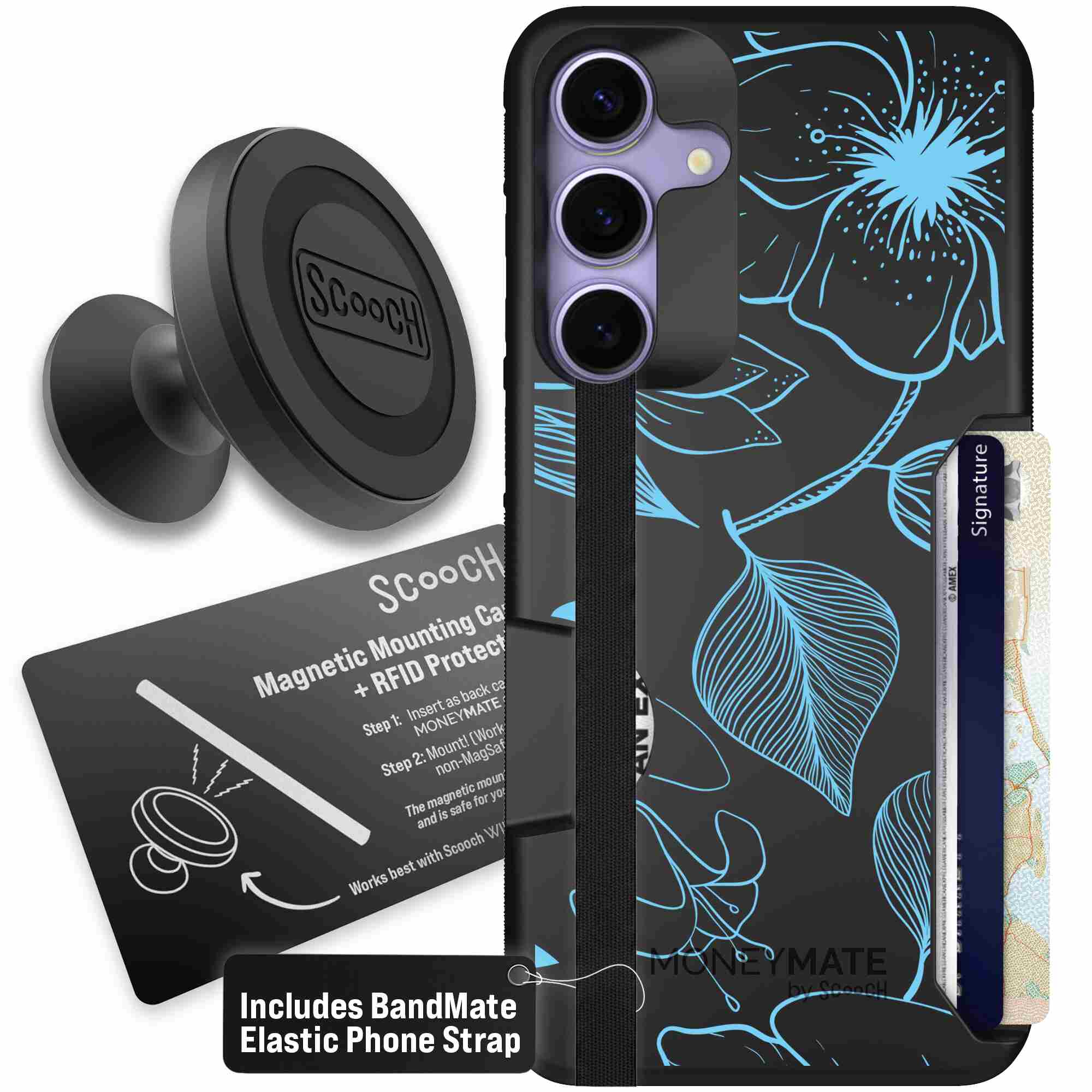 Blue Hibiscus cyan-blue tropical flower pattern on a charcoal Scooch Moneymate case for Galaxy S25+ - Starter Bundle
