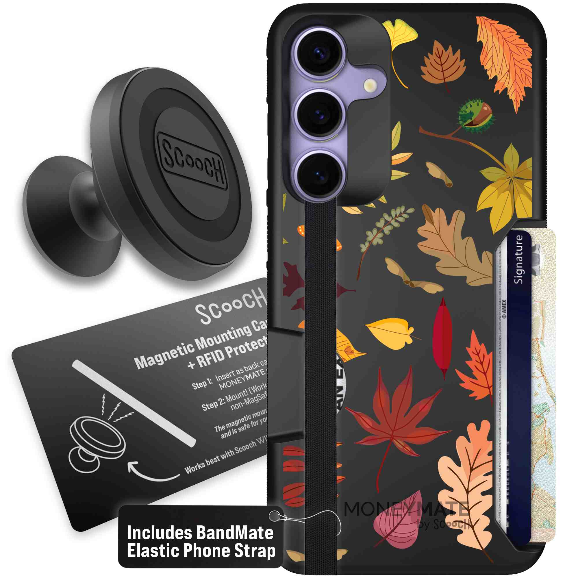 Autumn Leaves multicolored fall foliage pattern on a charcoal Scooch Moneymate case for Galaxy S25+ - Starter Bundle