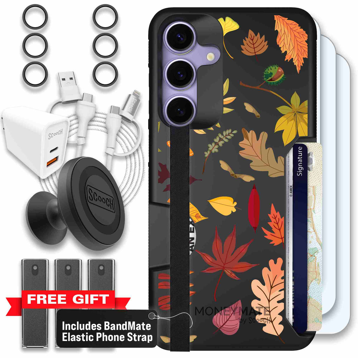 Autumn Leaves multicolored fall foliage pattern on a charcoal Scooch Moneymate case for Galaxy S25+ - Ultimate Bundle