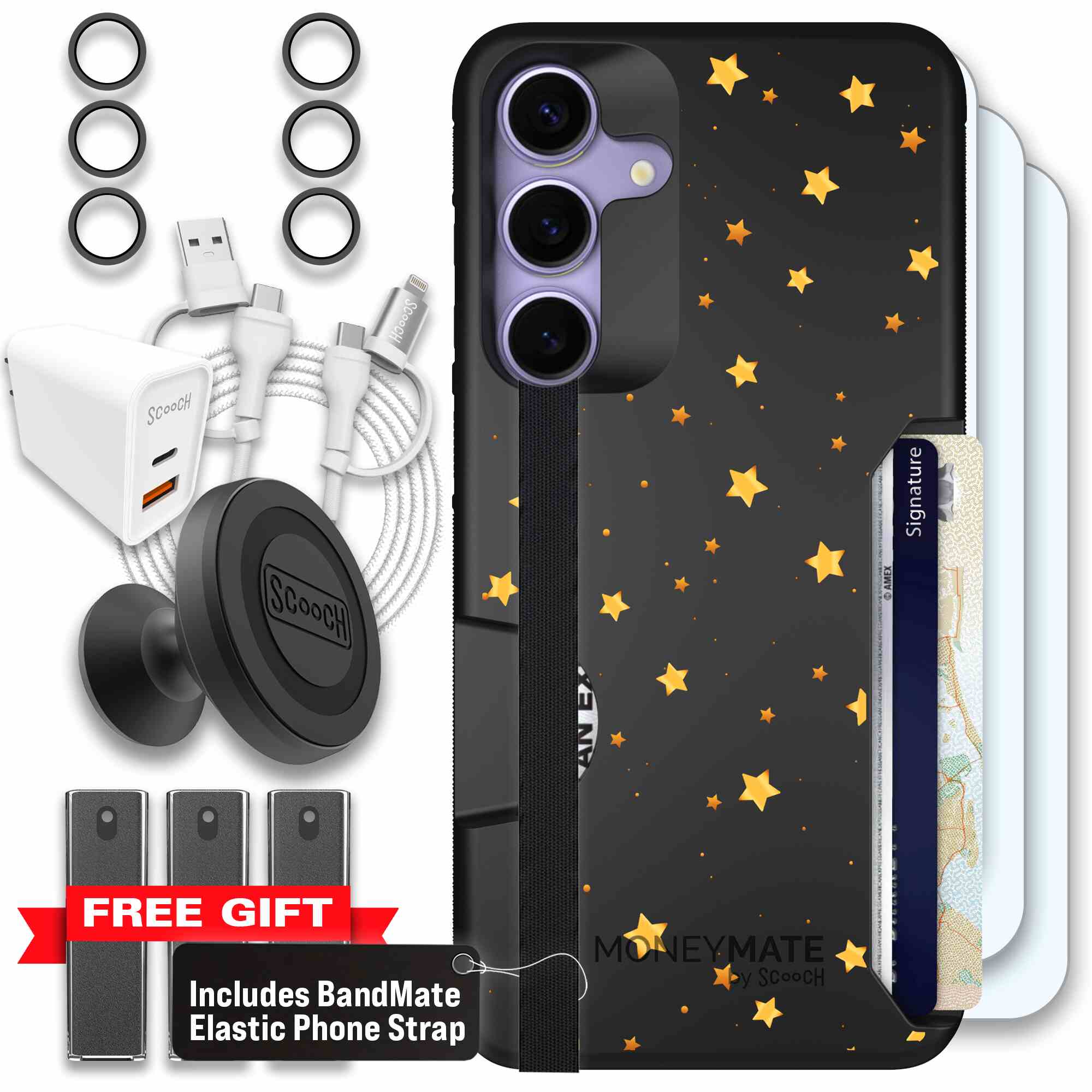 Gold Stars yellow and gold star pattern on a charcoal Scooch Moneymate case for Galaxy S25+ - Ultimate Bundle
